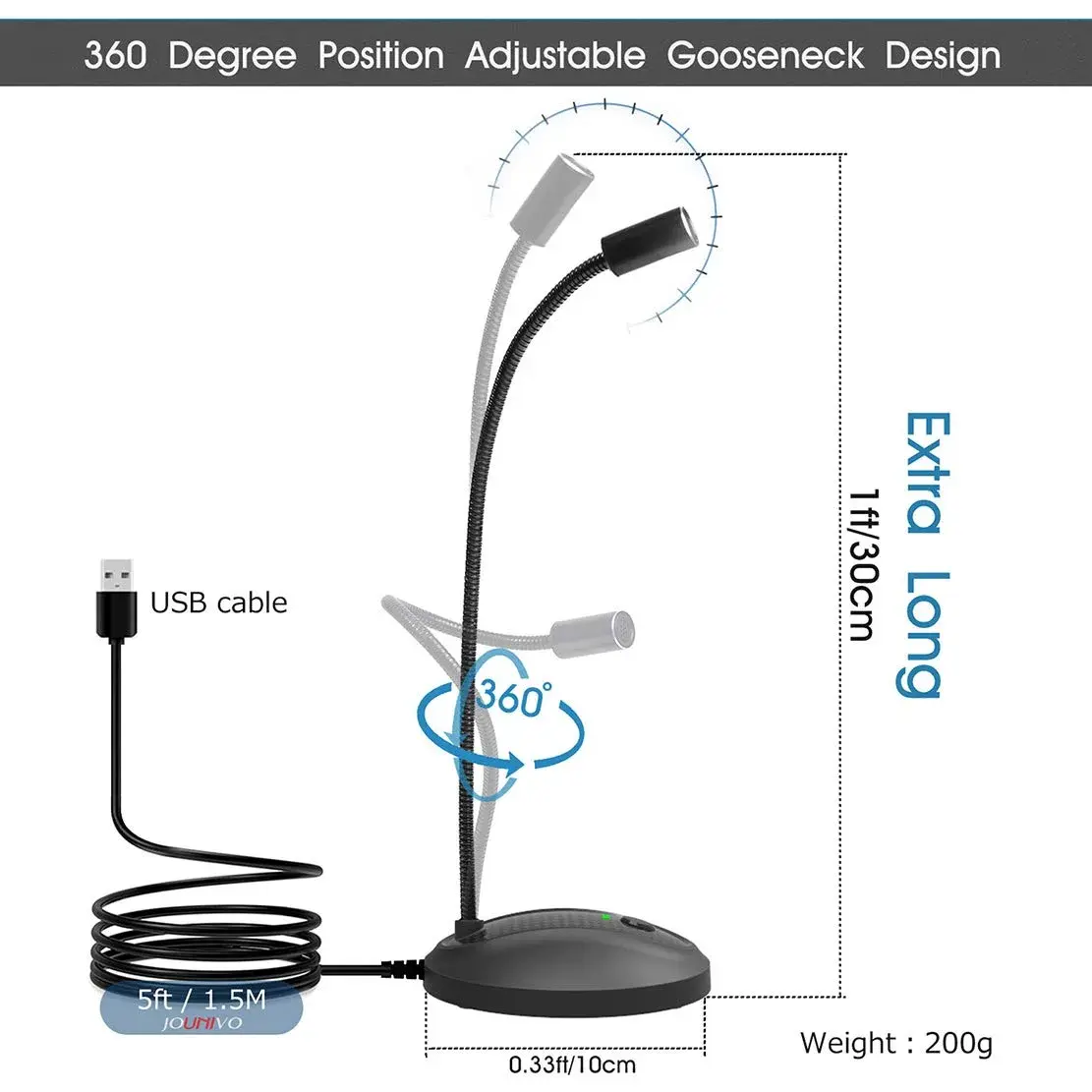 JOUNIVO USB Microphone JV-601 | 1.5m Cable, Noise-Canceling, Mute Button - view 2