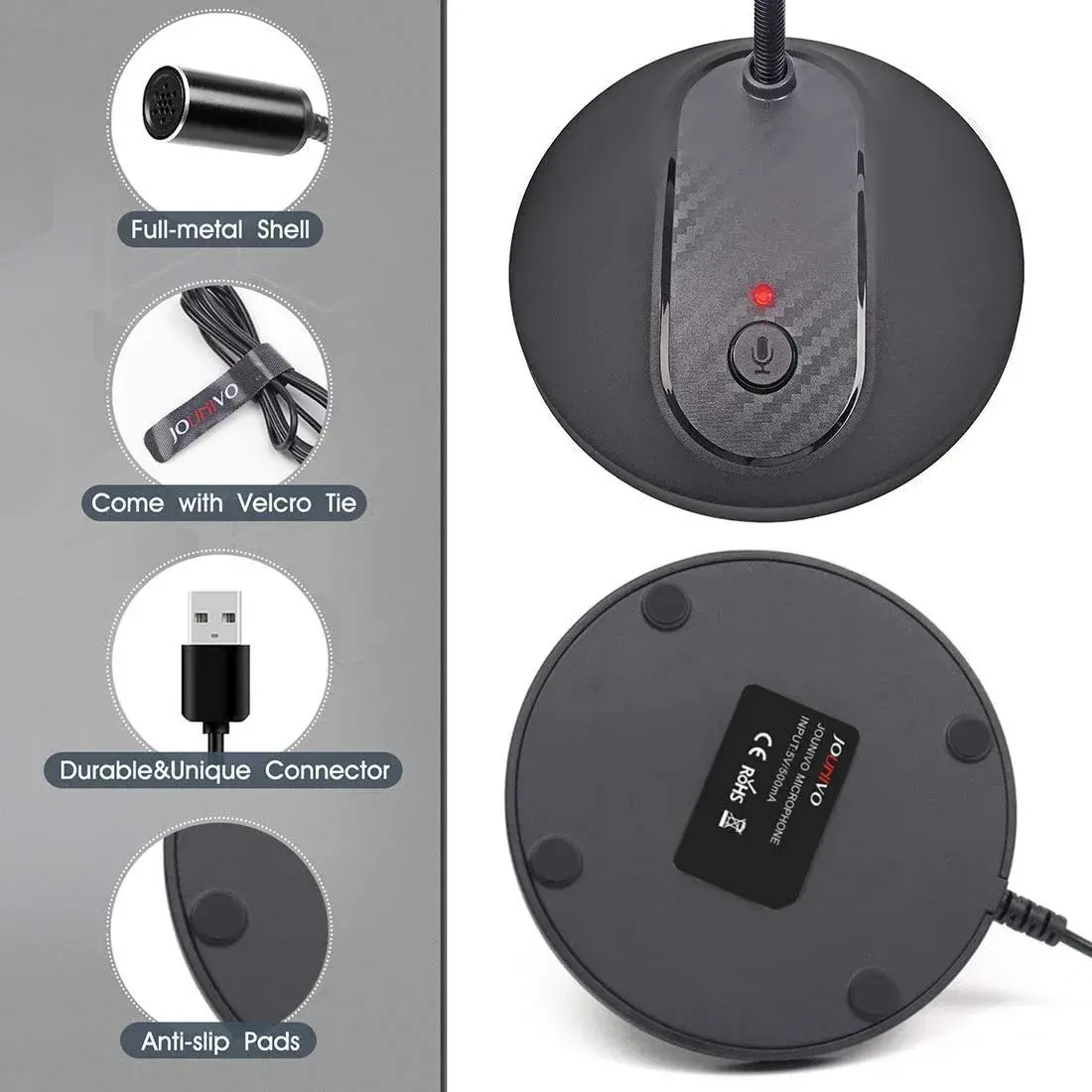 JOUNIVO USB Microphone JV-601 | 1.5m Cable, Noise-Canceling, Mute Button - view 3