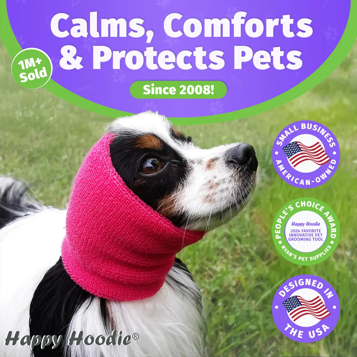 Zoni Pets Happy Hoodie Original Dog & Cat Calming Band, Purple, 13-18” Head Girth | Noise & Anxiety Relief for Grooming, Thunder, Fireworks - view 2