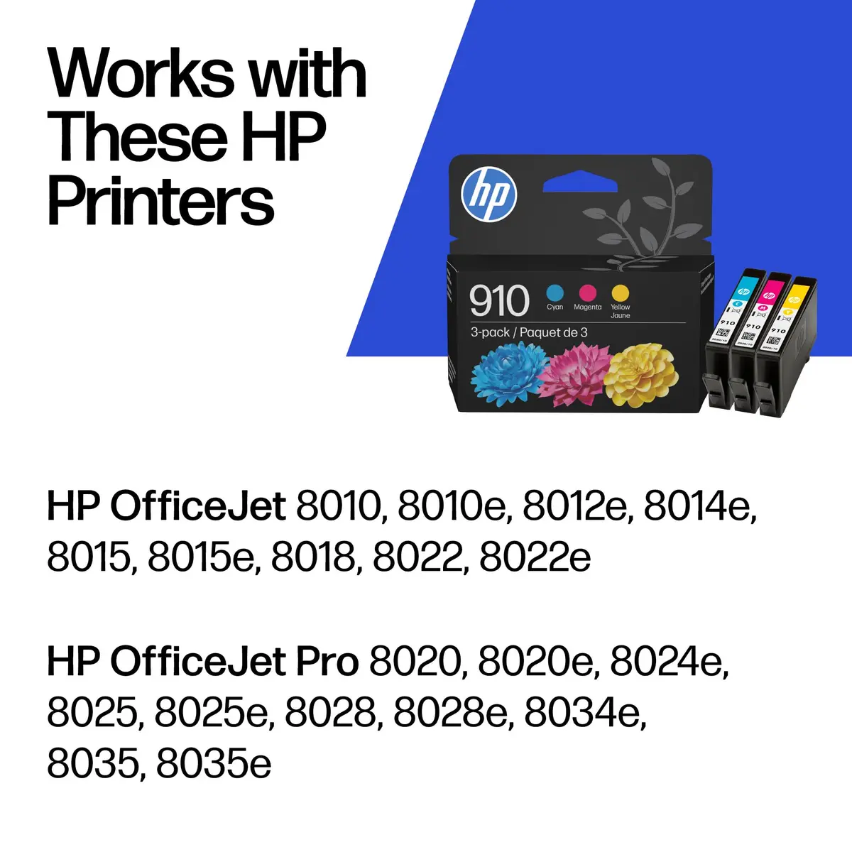 HP 910 Cyan, Magenta, Yellow Ink Cartridges (3-Pack, 315 pages/color) | Fade-Resistant Documents & Brilliant Images - view 2