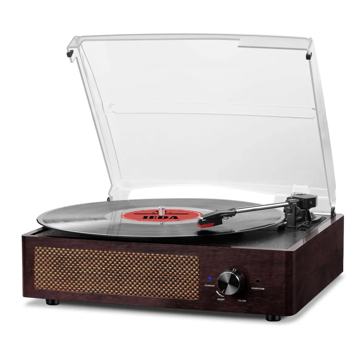 cotsoco Vinyl Record Player Turntable with Bluetooth & 2 Speakers | Retro 3-Speed Portable in Brown - main product image