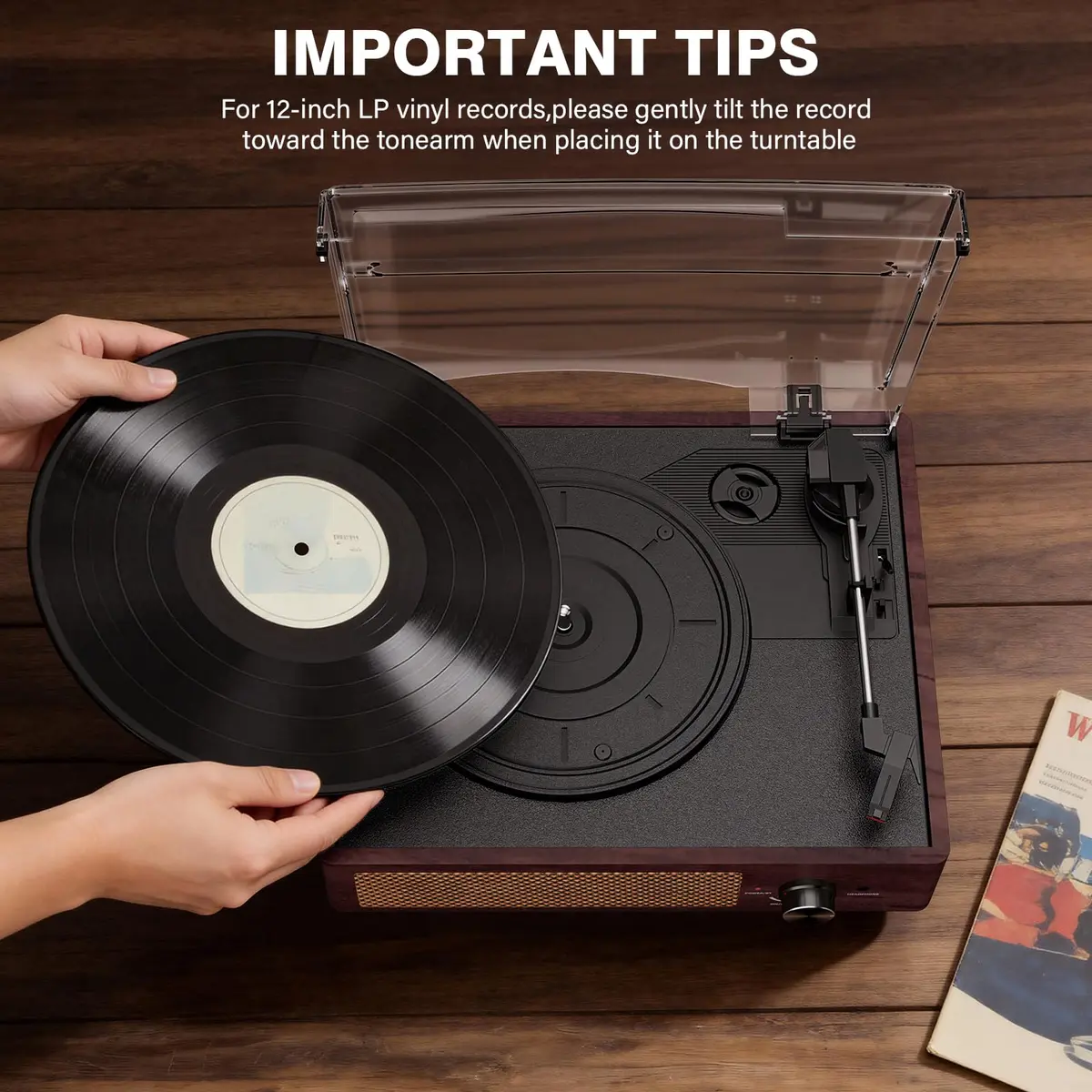 cotsoco Vinyl Record Player Turntable with Bluetooth & 2 Speakers | Retro 3-Speed Portable in Brown - view 5