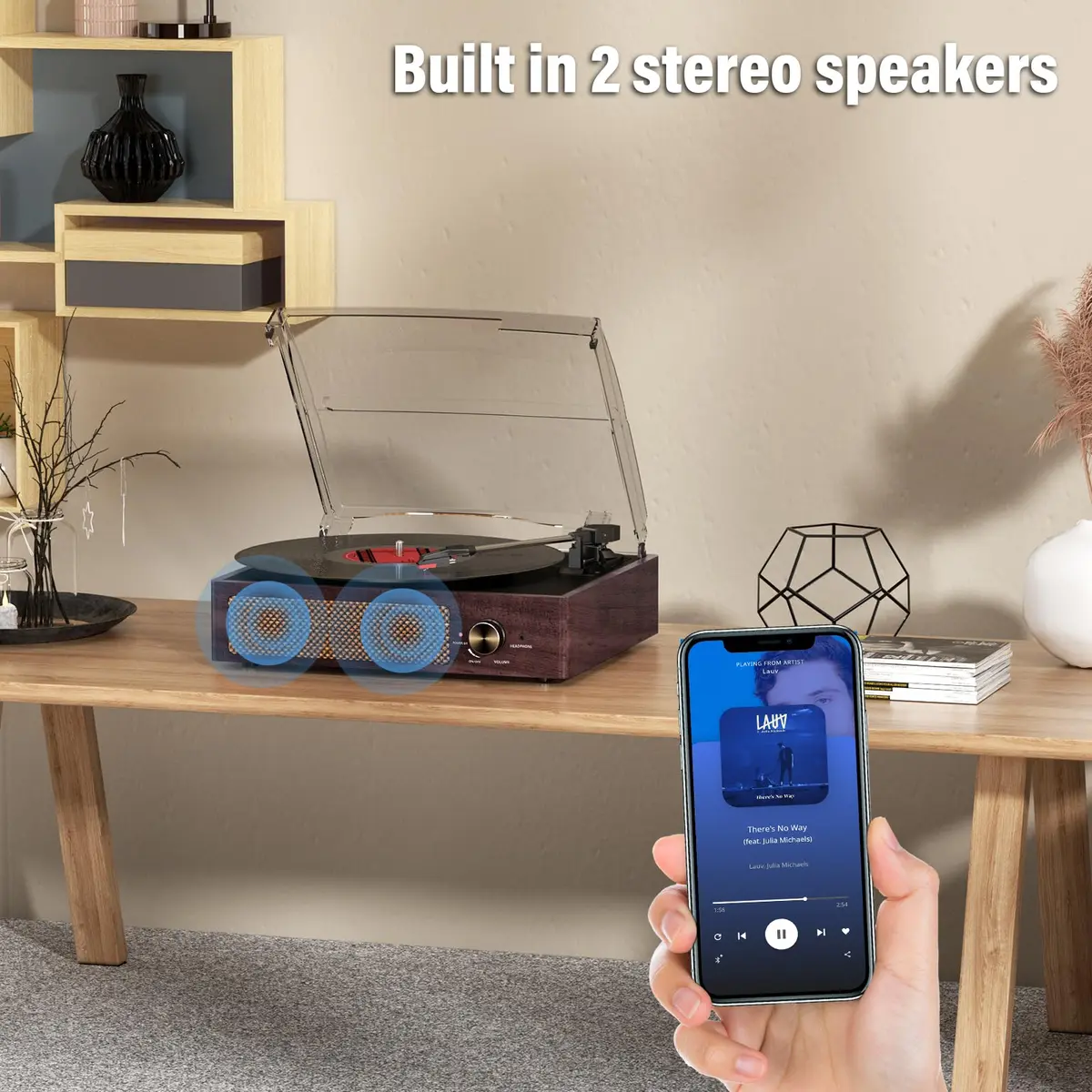 cotsoco Vinyl Record Player Turntable with Bluetooth & 2 Speakers | Retro 3-Speed Portable in Brown - view 6