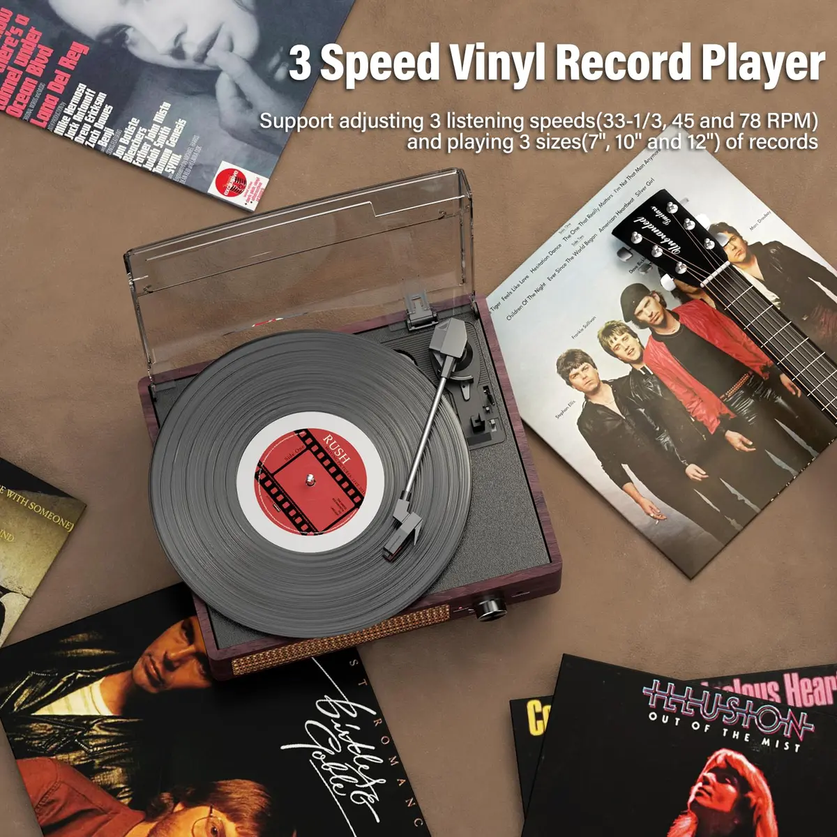 cotsoco Vinyl Record Player Turntable with Bluetooth & 2 Speakers | Retro 3-Speed Portable in Brown - view 7