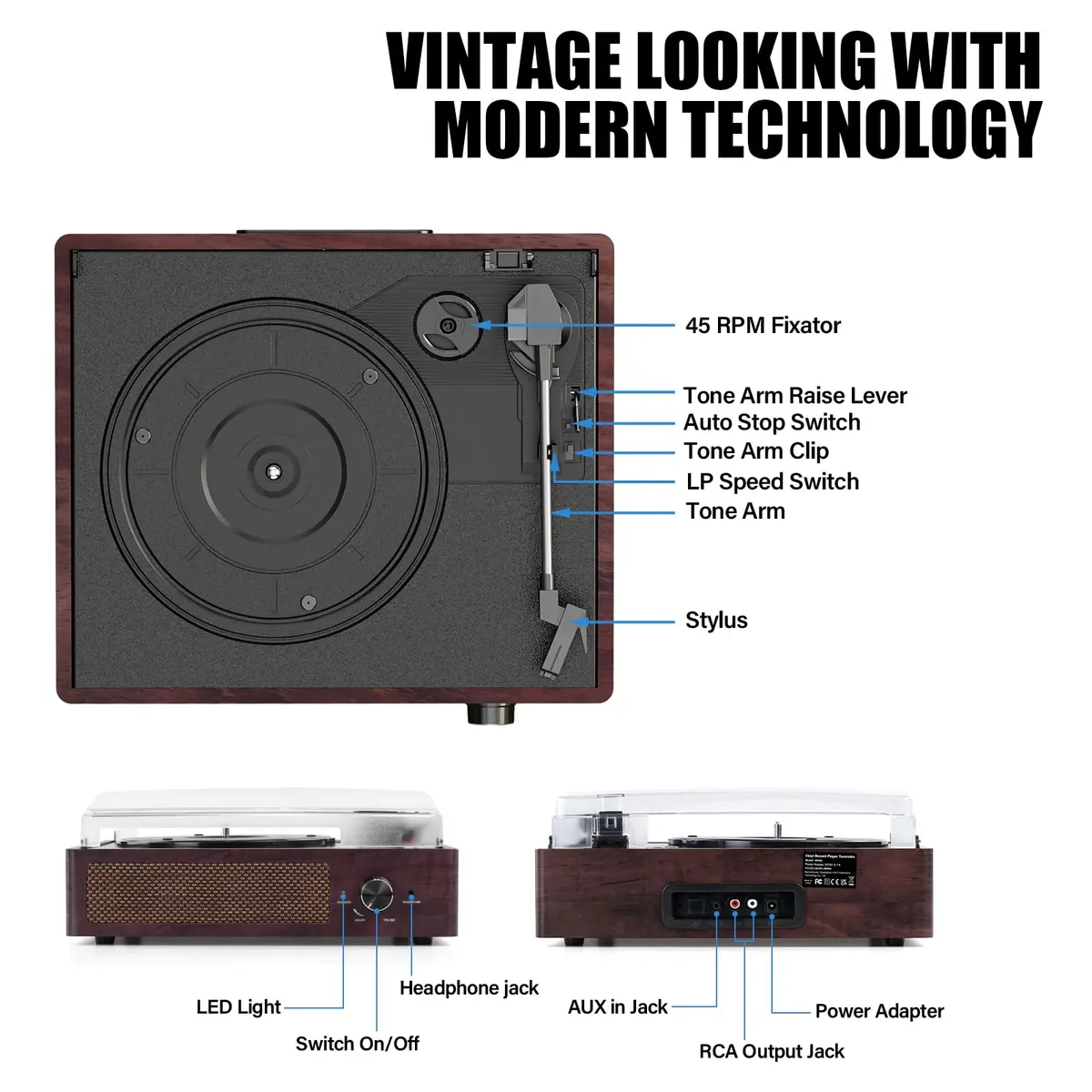 cotsoco Vinyl Record Player Turntable with Bluetooth & 2 Speakers | Retro 3-Speed Portable in Brown - view 2
