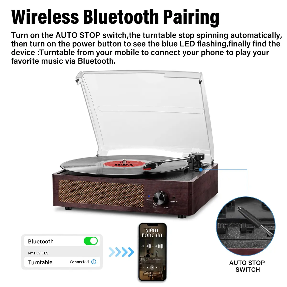 cotsoco Vinyl Record Player Turntable with Bluetooth & 2 Speakers | Retro 3-Speed Portable in Brown - view 3