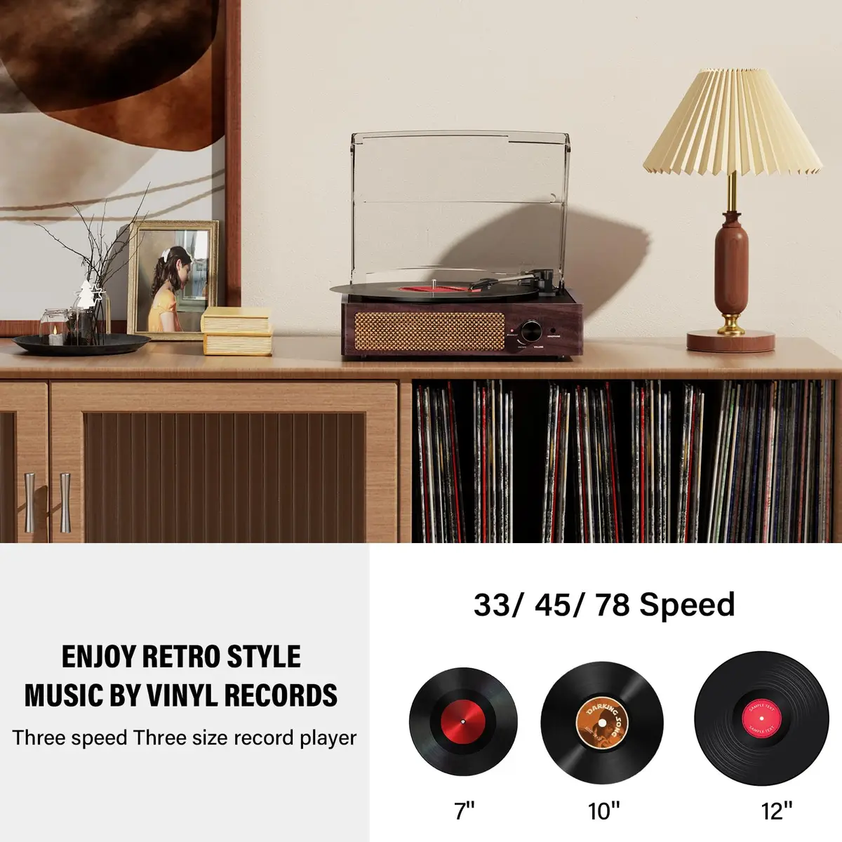 cotsoco Vinyl Record Player Turntable with Bluetooth & 2 Speakers | Retro 3-Speed Portable in Brown - view 4
