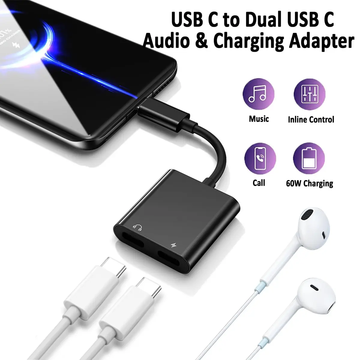 LecLooc USB C Splitter for iPhone 15 | Dual Audio & Fast Charge 60W | Compatible with iPad Pro, Galaxy S22 Ultra, Pixel 7 | 24-bit/96kHz - view 2
