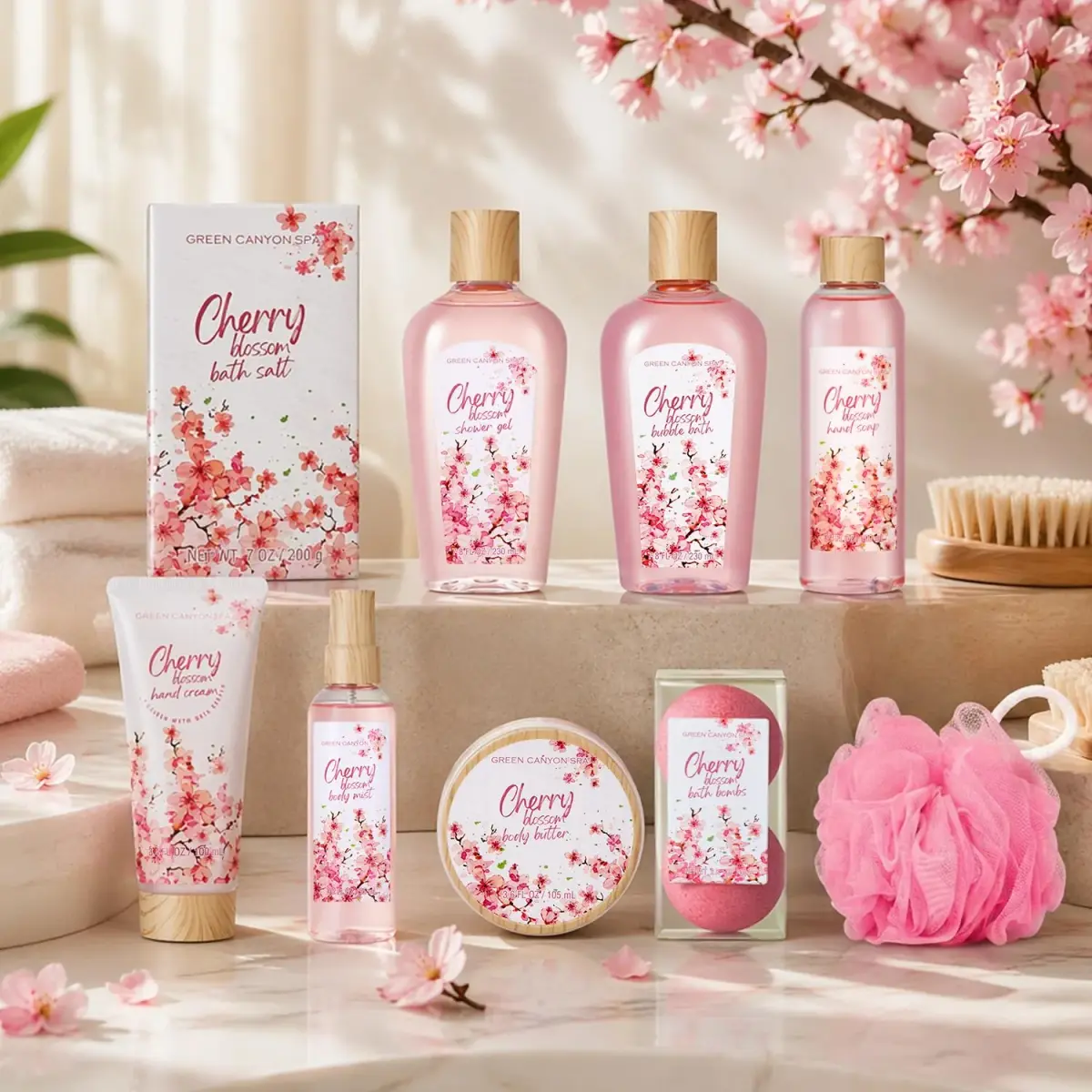 Green Canyon Spa 10pc Cherry Blossom Spa Gift Basket Set | Nourishing Hydration for Normal Skin - view 2