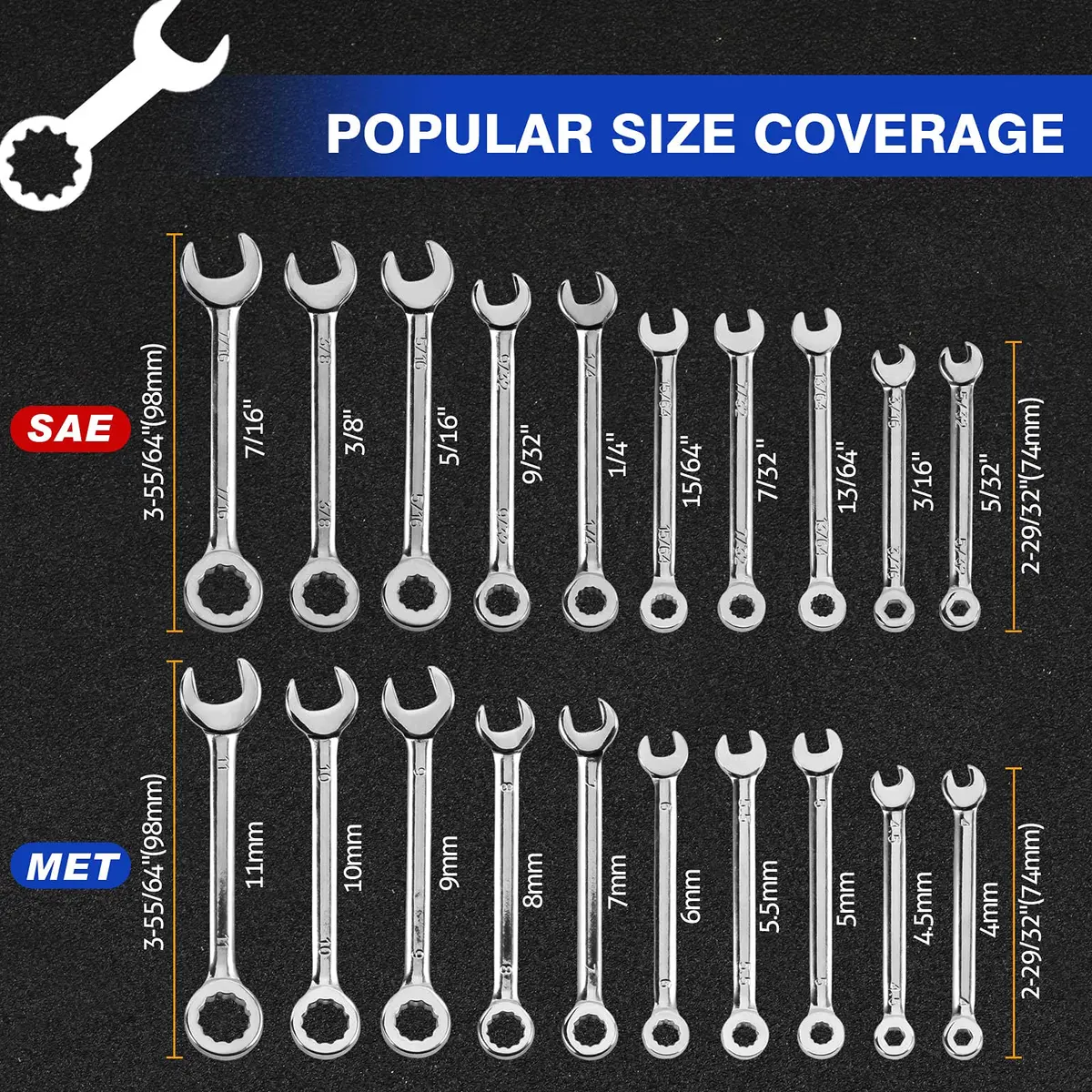 SPEEDWOX Mini Wrench Set 4mm-11mm & 5/32"-7/16" | High Carbon Steel, Rust-Resistant Chrome Finish, 20 Pcs - view 5