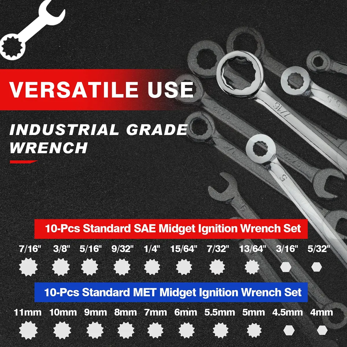 SPEEDWOX Mini Wrench Set 4mm-11mm & 5/32"-7/16" | High Carbon Steel, Rust-Resistant Chrome Finish, 20 Pcs - view 2