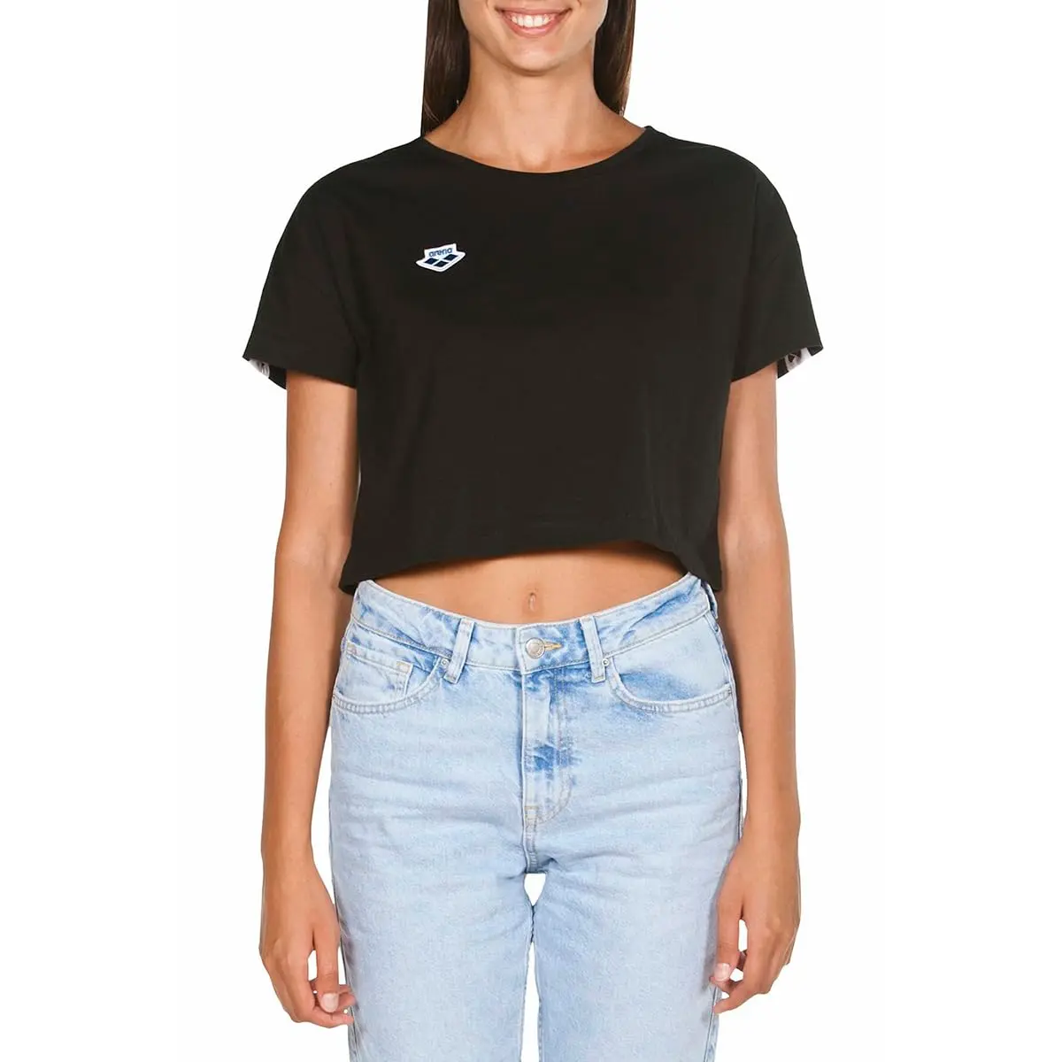 ARENA Women’s Icons Corinne Team Crop T-Shirt Short Sleeve Loose Fit Cotton Active Top Cozy Crew Neck Workout Tee, Black/White Logo, Large - main product image