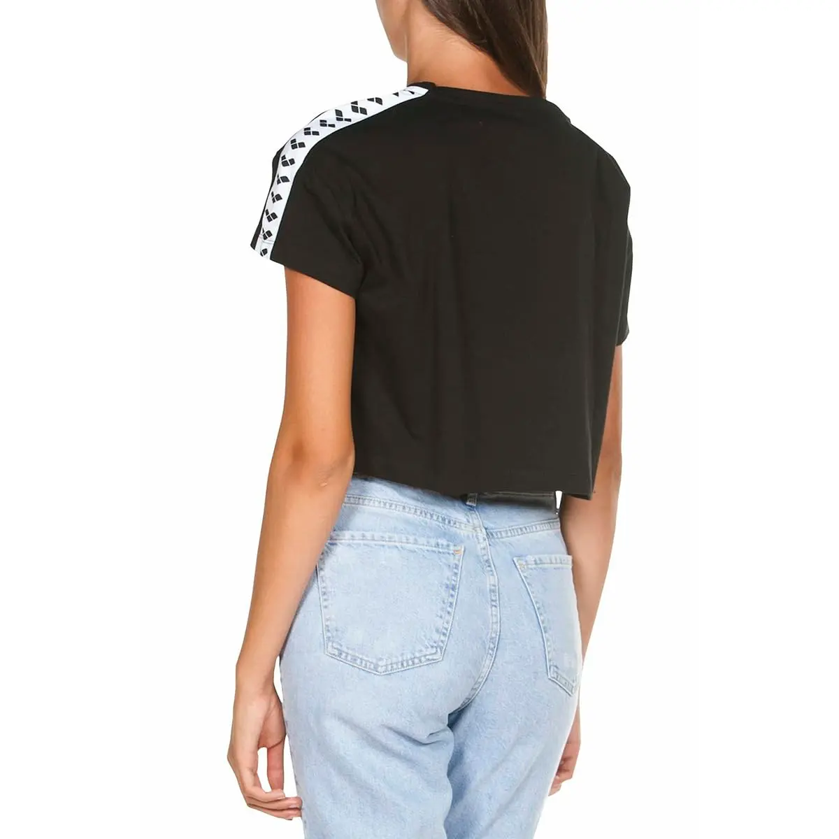 ARENA Women’s Icons Corinne Team Crop T-Shirt Short Sleeve Loose Fit Cotton Active Top Cozy Crew Neck Workout Tee, Black/White Logo, Large - view 2