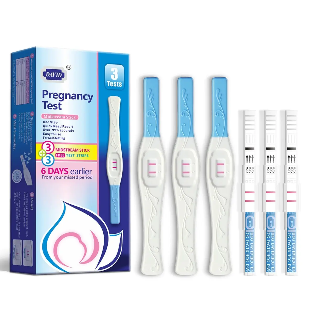 DAVID Home Pregnancy Test Kit, 6 Tests (3 Pens + 3 Crystal Sticks) | Early Detection & High Sensitivity - main product image