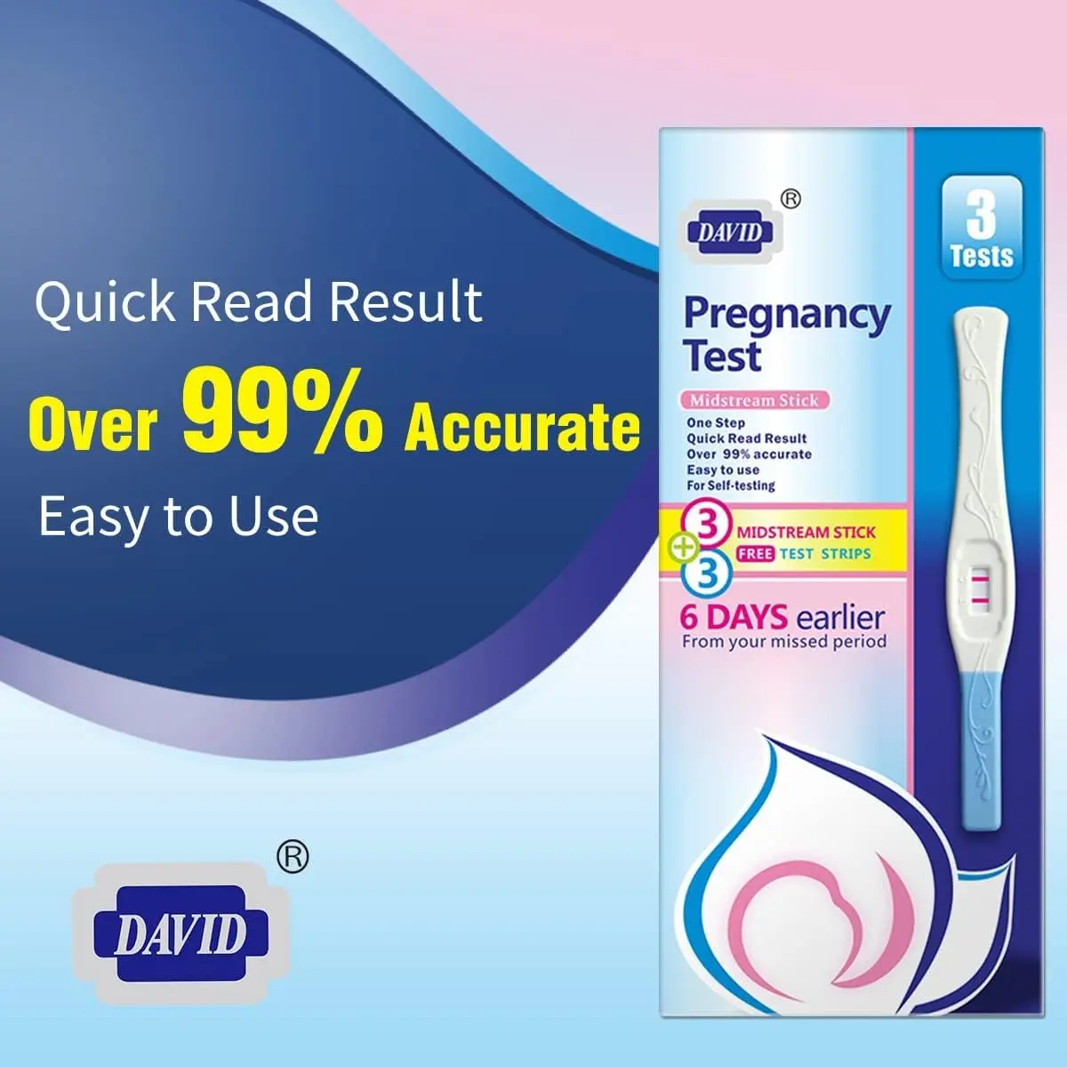 DAVID Home Pregnancy Test Kit, 6 Tests (3 Pens + 3 Crystal Sticks) | Early Detection & High Sensitivity - view 2