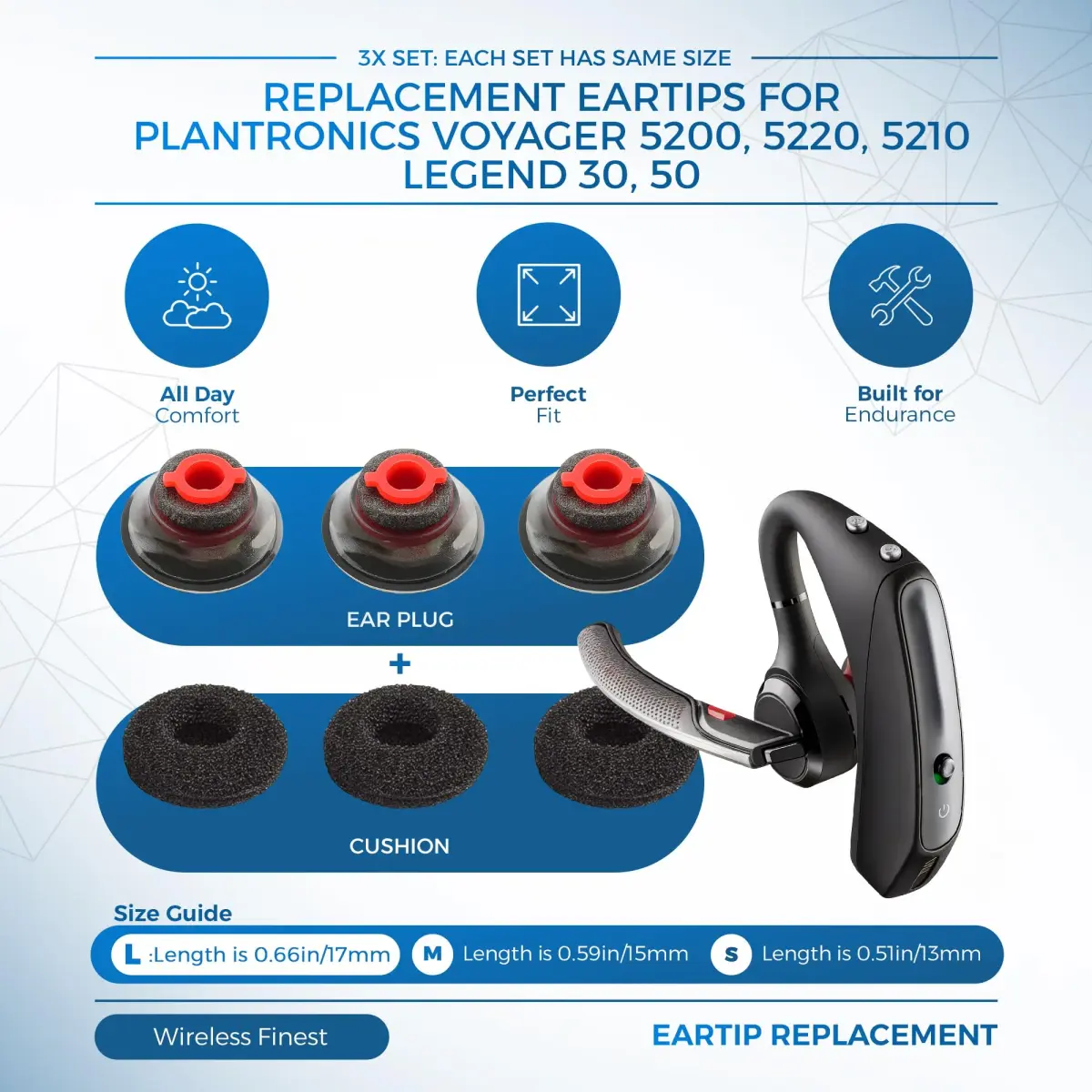 WirelessFinest 3-Pack Large Replacement Ear Tips for Plantronics Voyager 5200/5220 Headsets | Foam Cushion Earbuds - view 2