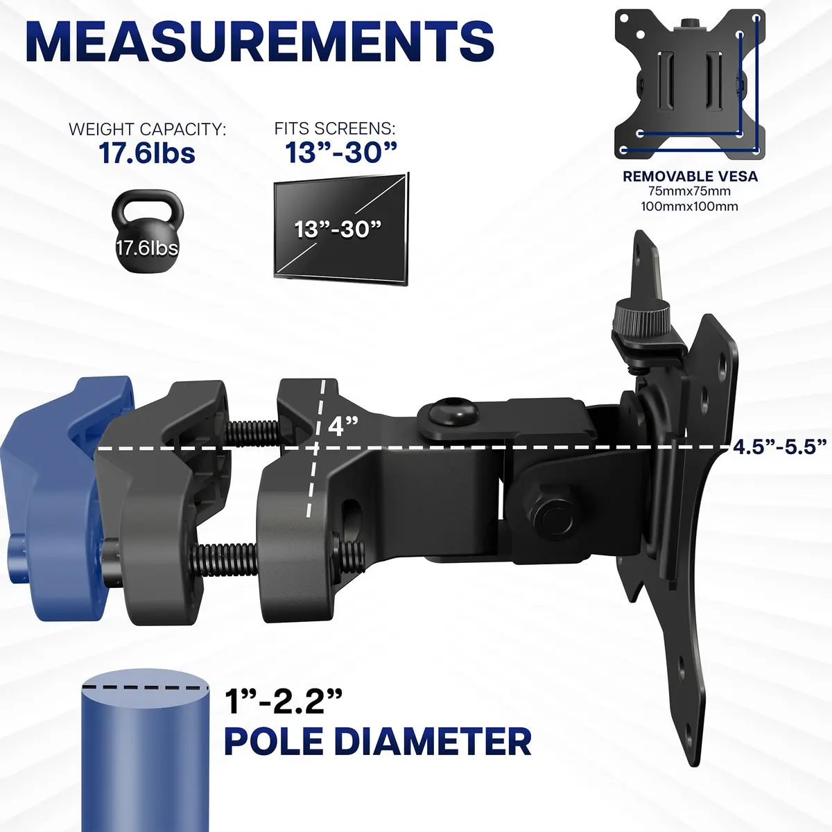 VIVO Steel Universal Bracket Pole Mount with Removable VESA Plate, Fits 13-30 inch Screens, 10 kg Capacity | Full Motion Articulation - view 4