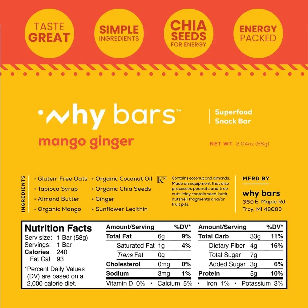WHY BARS Mango Ginger Protein Snack Bars, 2.04 oz (12 Pack) | Organic, Vegan, Gluten-Free, Non-GMO - view 3