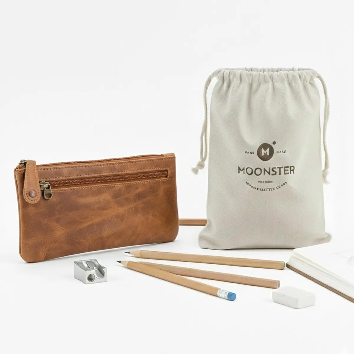 moonster Leather Pencil Case Pouch, Handcrafted 8" x 4" Light Brown | Elegant Leather Pen Organizer for Adults - main product image
