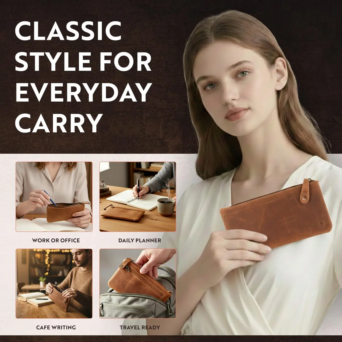 moonster Leather Pencil Case Pouch, Handcrafted 8" x 4" Light Brown | Elegant Leather Pen Organizer for Adults - view 5