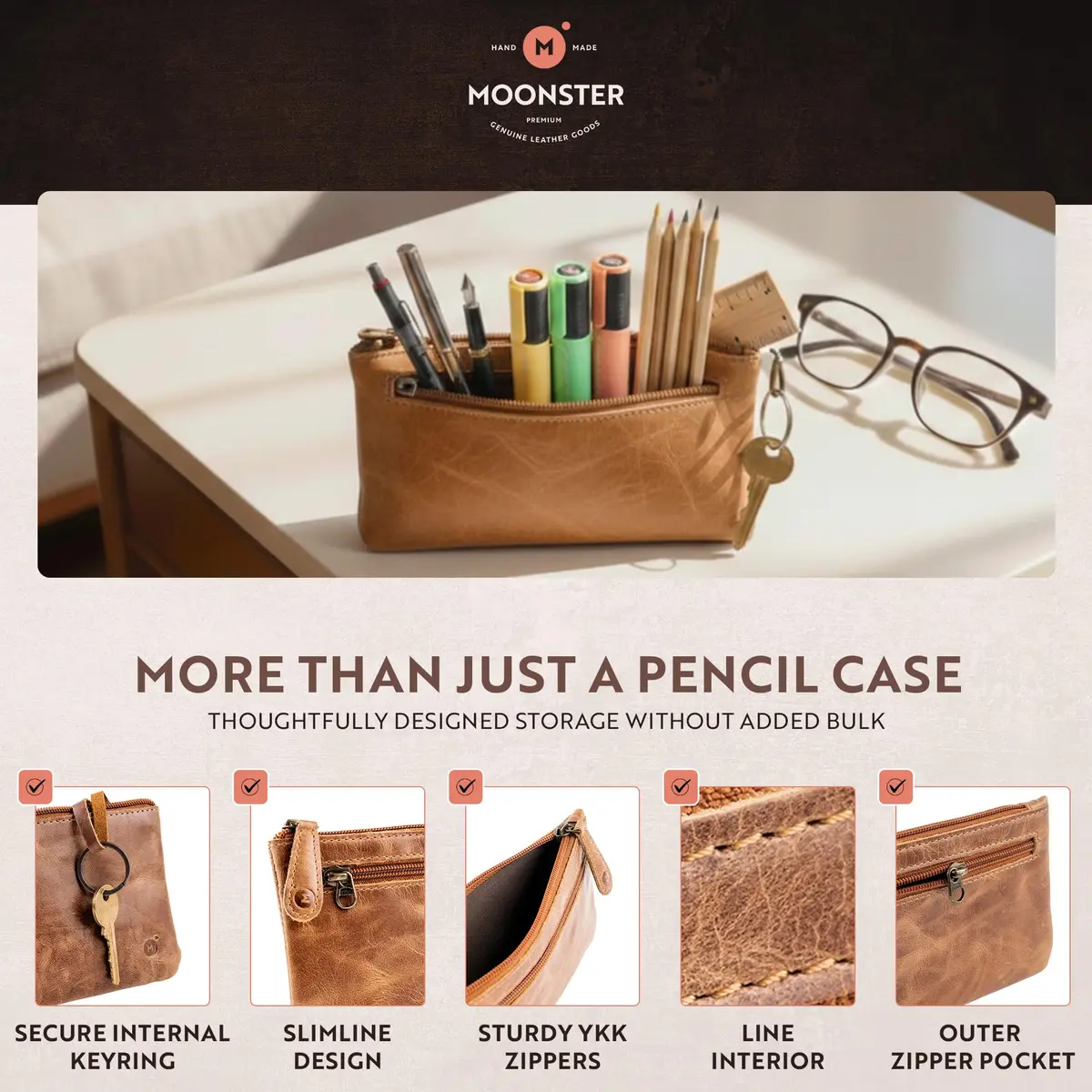 moonster Leather Pencil Case Pouch, Handcrafted 8" x 4" Light Brown | Elegant Leather Pen Organizer for Adults - view 6
