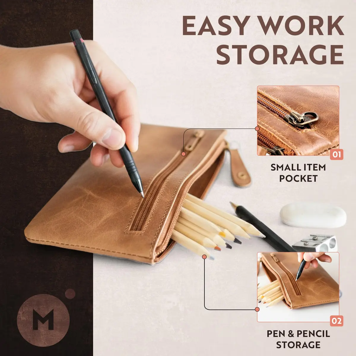 moonster Leather Pencil Case Pouch, Handcrafted 8" x 4" Light Brown | Elegant Leather Pen Organizer for Adults - view 2