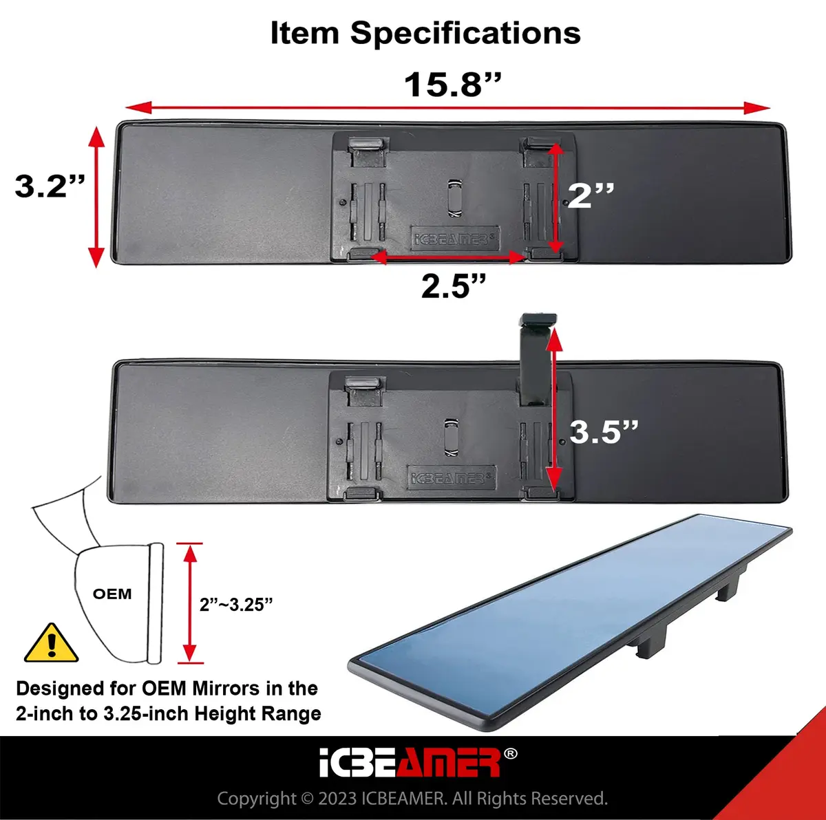 ICBEAMER 15.8" Flat Blue Tint Rear View Mirror | Wide-Angle HD Glass, Anti Glare, Universal Fit for Car, SUV, Truck - view 5