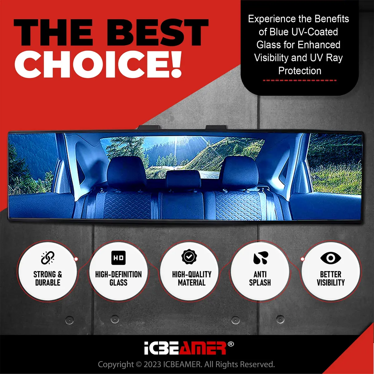 ICBEAMER 15.8" Flat Blue Tint Rear View Mirror | Wide-Angle HD Glass, Anti Glare, Universal Fit for Car, SUV, Truck - view 2