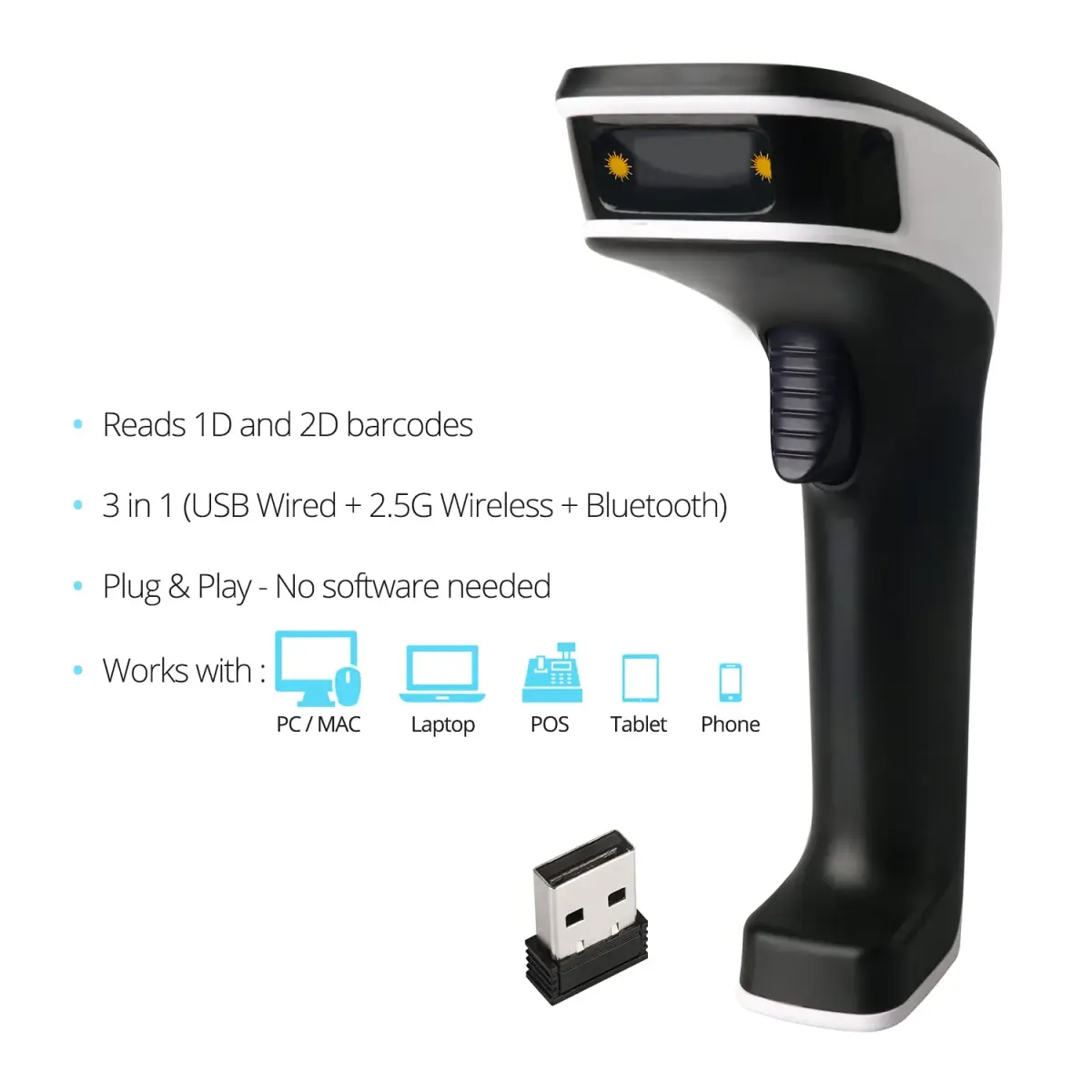 ScanAvenger Bluetooth Barcode Scanner | 1D & 2D QR Code Reader with Stand, 493ft Wireless Range, USB & 2.27 kg (5 lb) Battery - view 3