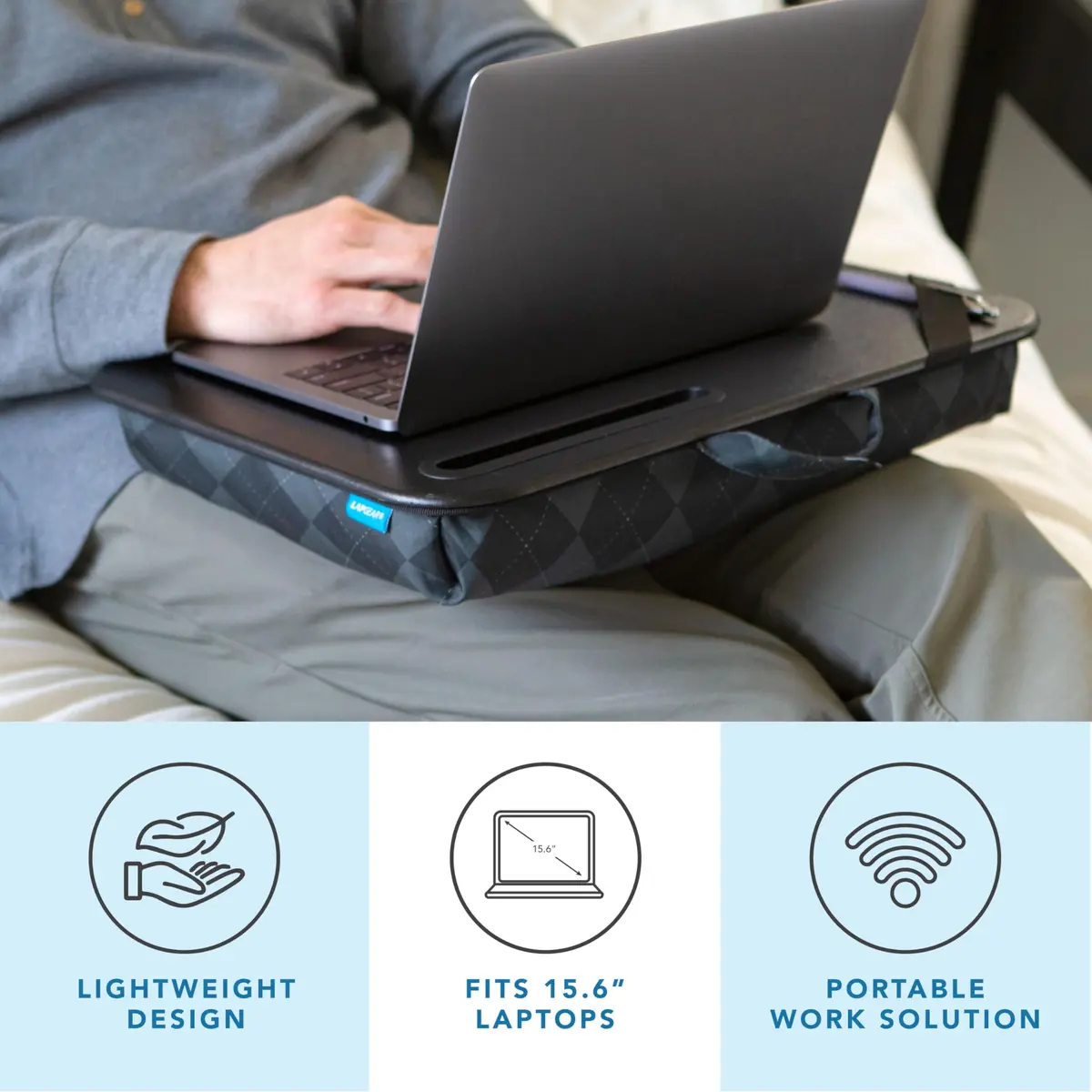 LapGear Designer Lap Desk – Gray Argyle, Fits 15.6” Laptops | Comfortable Cushion Base & Built-In Phone Slot - view 2