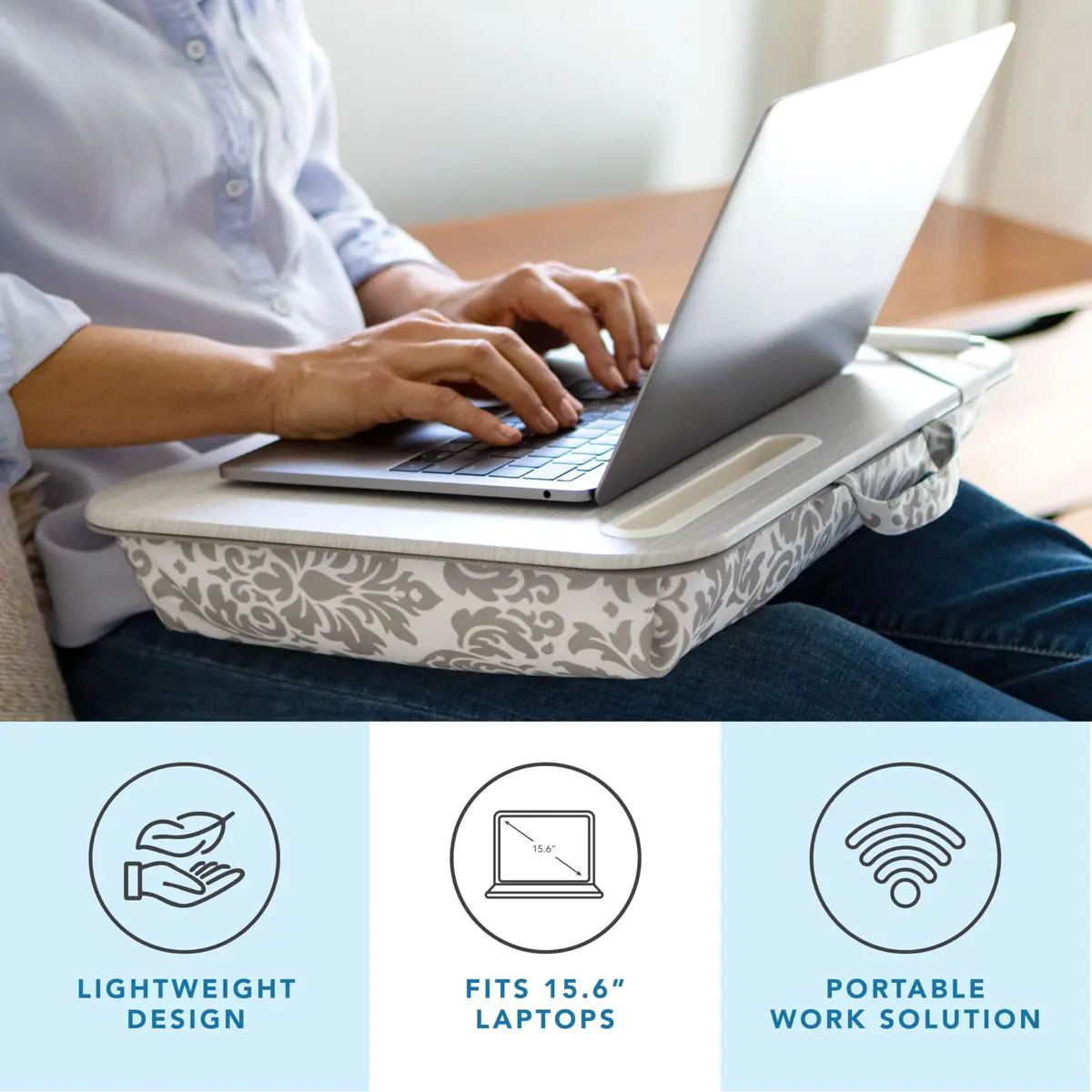 LapGear Designer Lap Desk – Gray Damask, Fits 15.6” Laptops | Portable Workspace for Students & Professionals - view 2