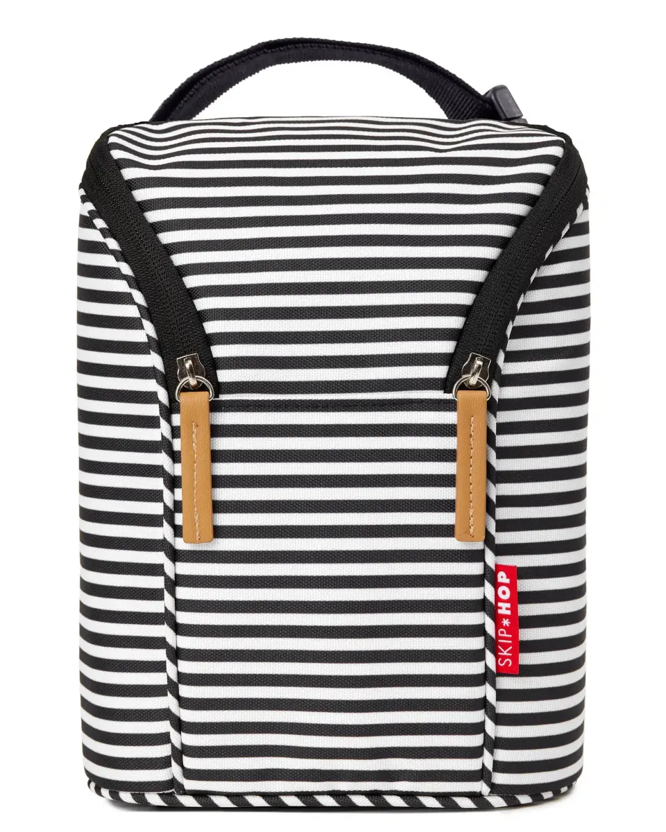 Skip Hop Insulated Double Baby Bottle Cooler Bag, Black & White Stripe 6.75" x 3.5" x 9" (17.1cm x 8.9cm x 22.9cm) | Keeps Bottles Warm or Cold for Hours - main product image