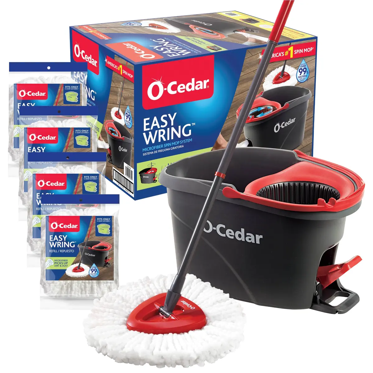 O-Cedar Easywring Microfiber Spin Mop & Bucket System with 4 Extra Refills | Hands-Free Wringing for Quick, Hygienic Floors - main product image