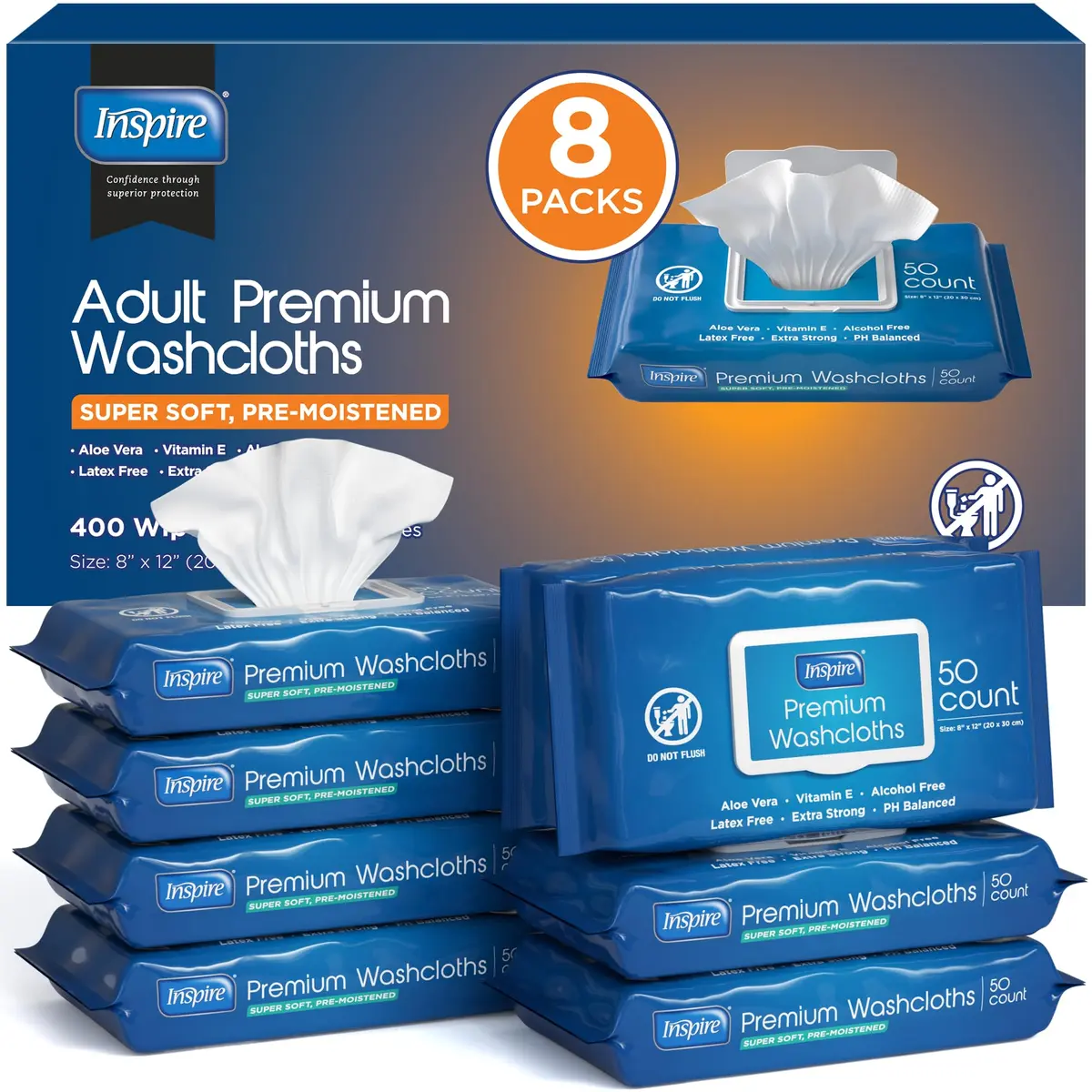 Inspire Adult Wet Wipes, Extra Large 8"x12" | Hypoallergenic Cleansing Cloths for Elderly & Caregivers - main product image