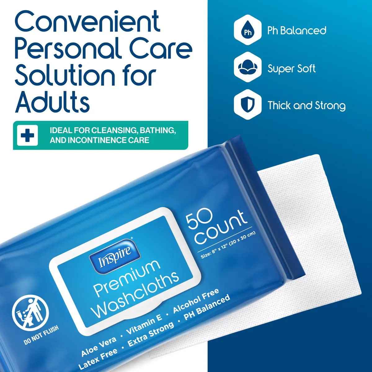 Inspire Adult Wet Wipes, Extra Large 8"x12" | Hypoallergenic Cleansing Cloths for Elderly & Caregivers - view 2