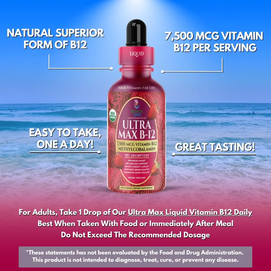 Tropical Oasis Ultra Max B12 Liquid Drops 4oz | Max 5000mcg Max Potency, Vegan, Strawberry Flavor - view 5