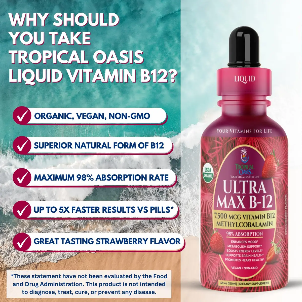 Tropical Oasis Ultra Max B12 Liquid Drops 4oz | Max 5000mcg Max Potency, Vegan, Strawberry Flavor - view 6