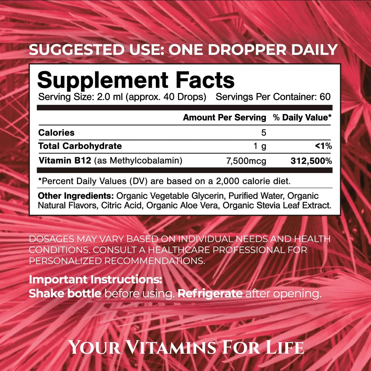 Tropical Oasis Ultra Max B12 Liquid Drops 4oz | Max 5000mcg Max Potency, Vegan, Strawberry Flavor - view 2