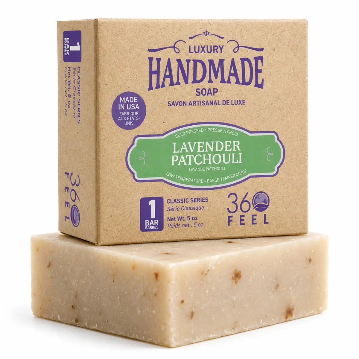 360Feel Lavender Patchouli Castile Soap - Handmade in USA - All-Natural, Cold-Processed, 5 oz | Deep Hydration & Relaxation - main product image