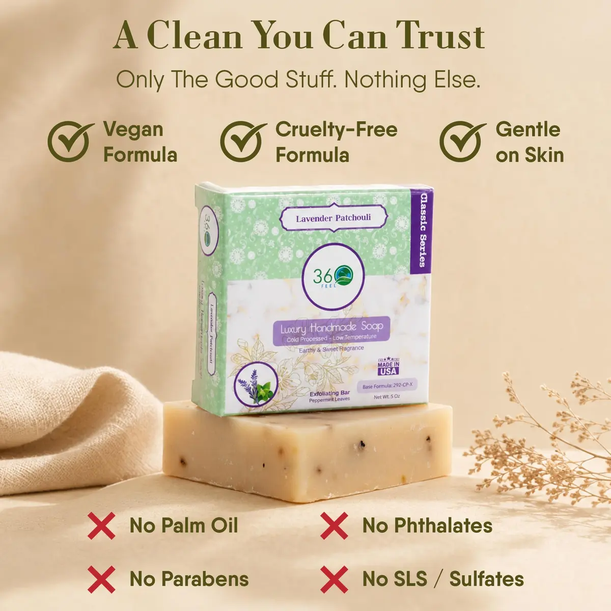360Feel Lavender Patchouli Castile Soap - Handmade in USA - All-Natural, Cold-Processed, 5 oz | Deep Hydration & Relaxation - view 4