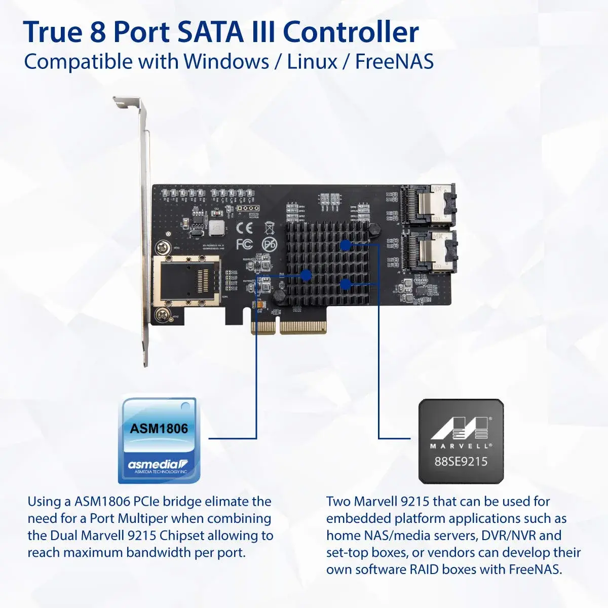 Syba 8 Port SATA III PCI-e x4 Expansion Card for FreeNAS & ZFS RAID - SI-PEX40137 - view 3
