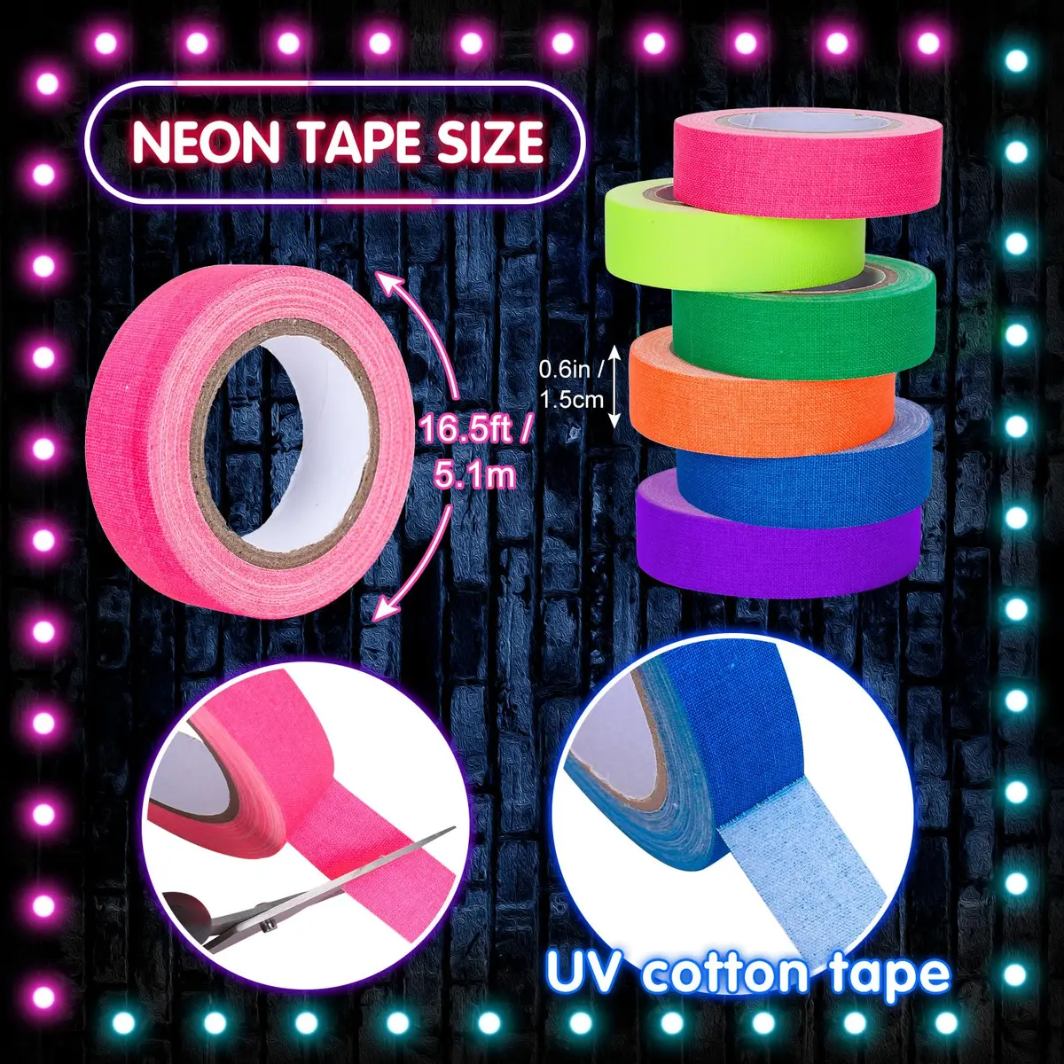 Whaline Neon Gaffer Cloth Tape 0.6 inch | UV Fluorescent UV Blacklight Tape for UV Party - view 2