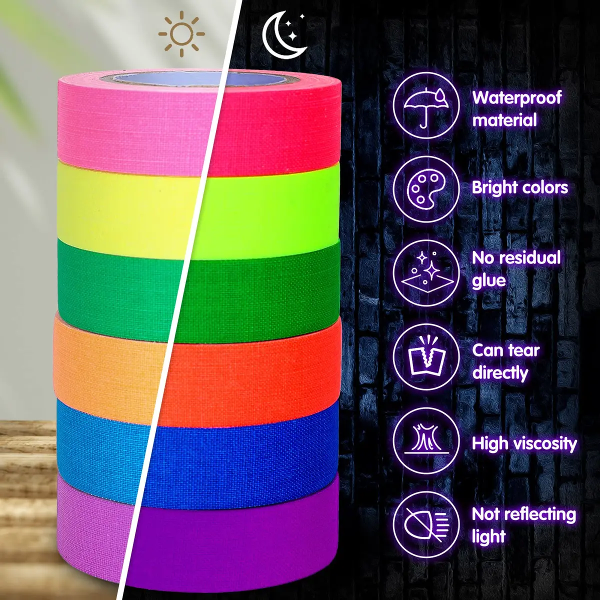 Whaline Neon Gaffer Cloth Tape 0.6 inch | UV Fluorescent UV Blacklight Tape for UV Party - view 3