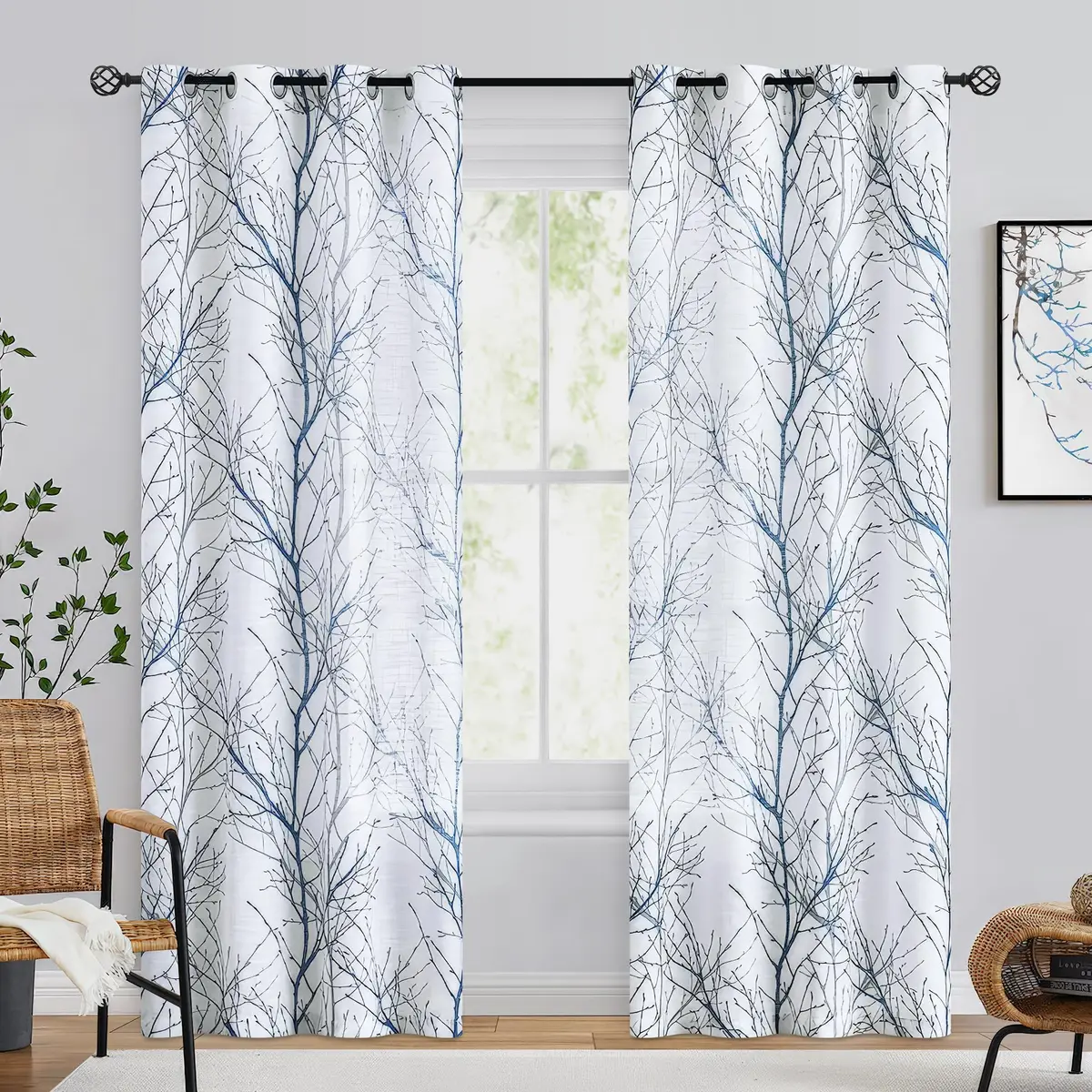 FMFUNCTEX Linen Blue White Semi Sheer Print Curtains 96 Inch Long | Natural-inspired Linen Look (98 characters) - view 2