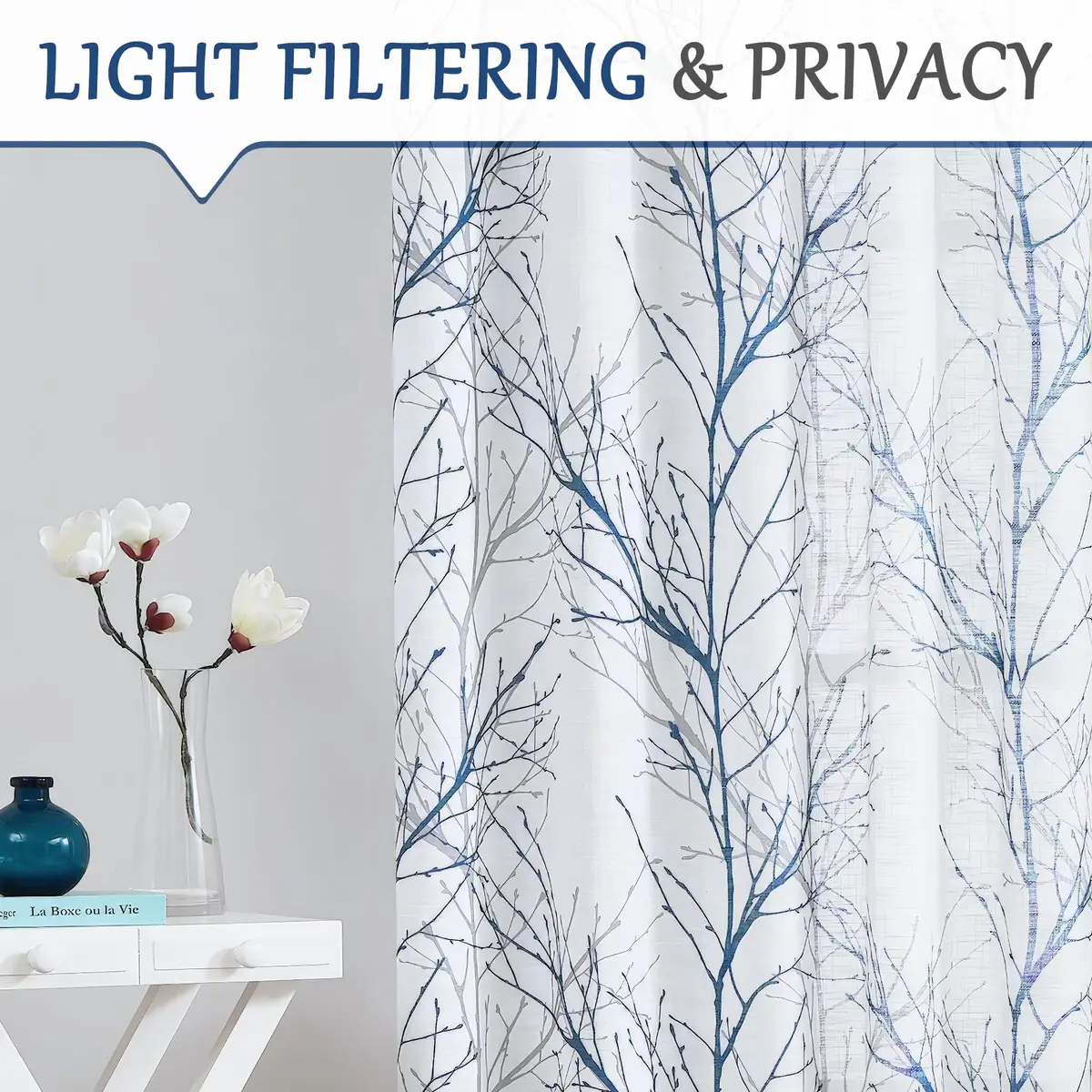 FMFUNCTEX Linen Blue White Semi Sheer Print Curtains 96 Inch Long | Natural-inspired Linen Look (98 characters) - view 3