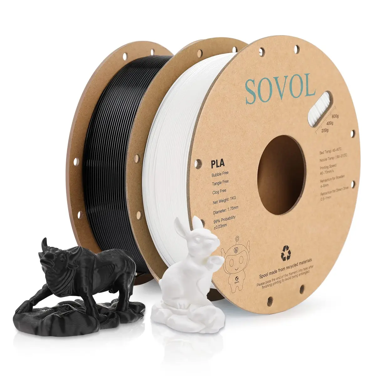 Sovol 3D Printer PLA Filament 2kg Spool Printing Materials, Black & White | 1.75mm, Vacuum Sealed, Environment Friendly - main product image