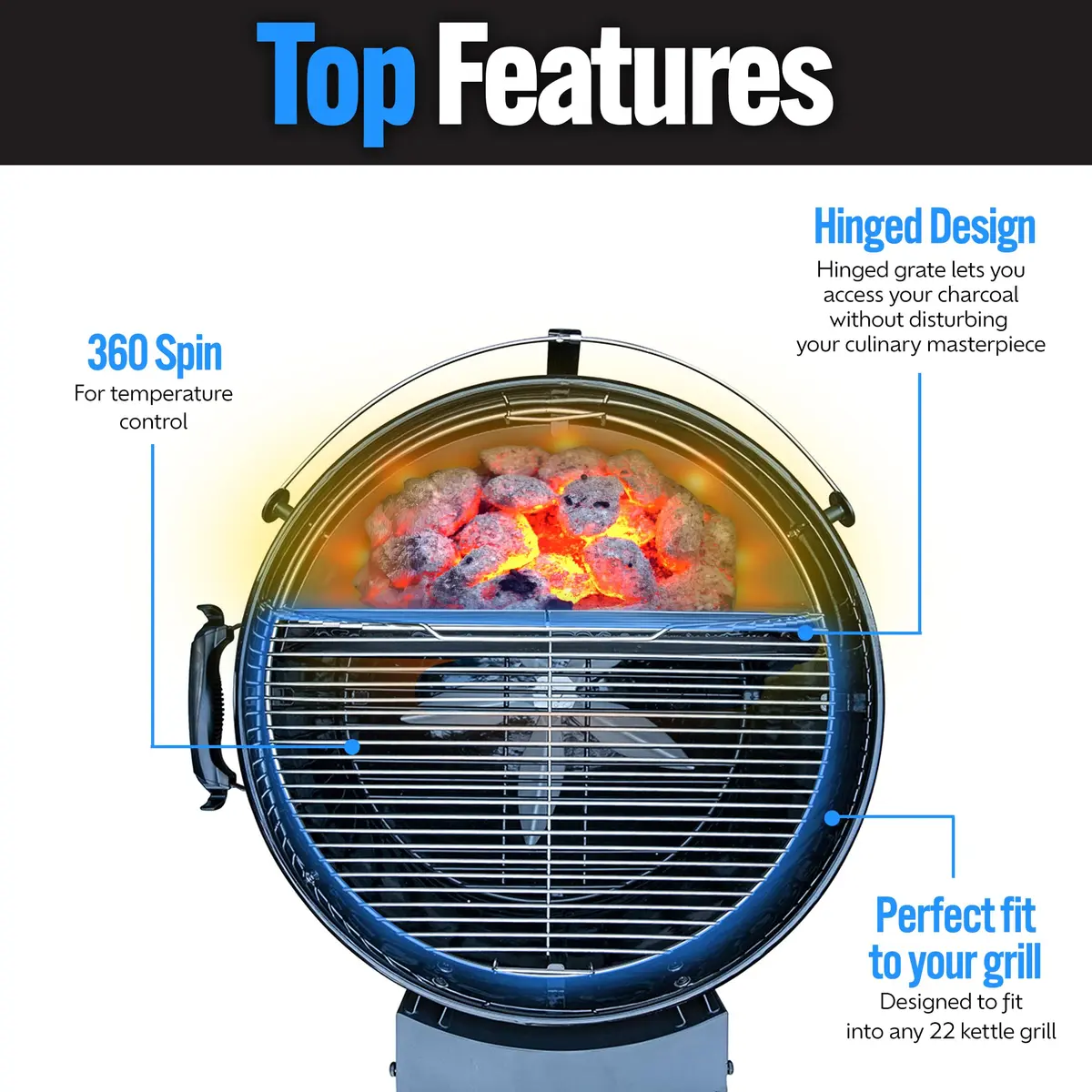Slow 'N Sear EasySpin Charcoal Grill Cooking Grate 22" | Rust-Resistant Stainless Steel - view 5