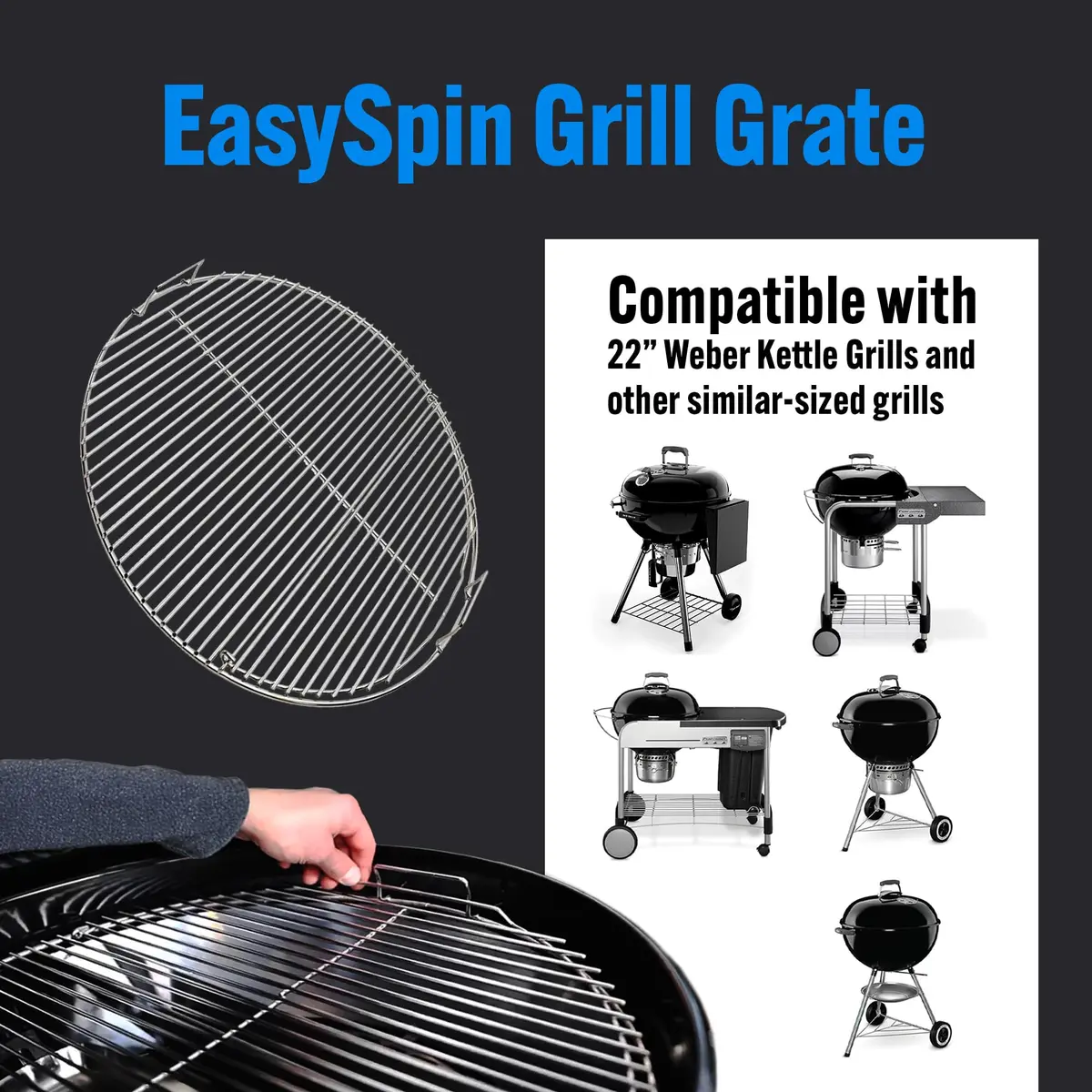 Slow 'N Sear EasySpin Charcoal Grill Cooking Grate 22" | Rust-Resistant Stainless Steel - view 2