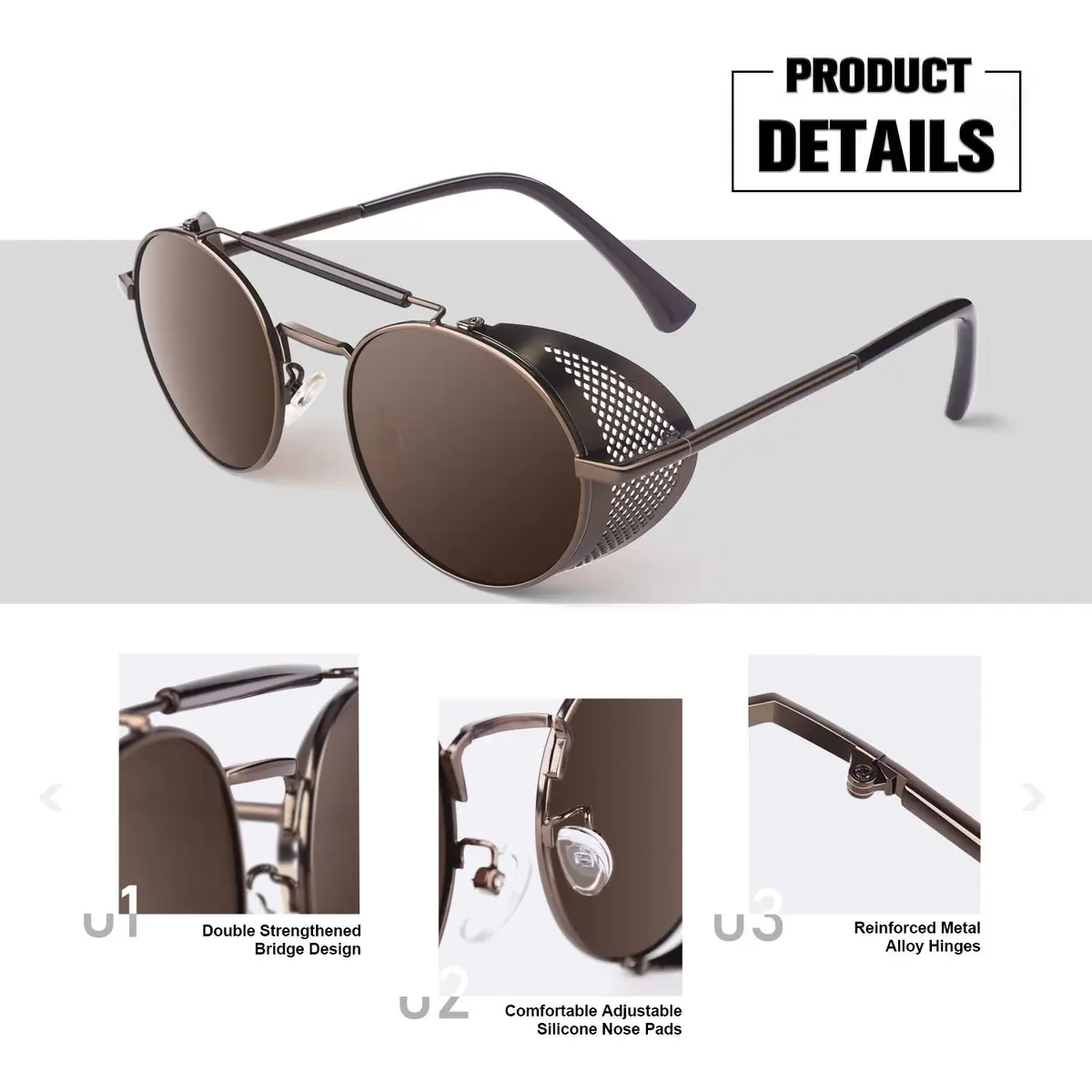 Sunier Round Polarized Steampunk Sunglasses Men Women Side Shield Goggles | UV400 Protection - view 5