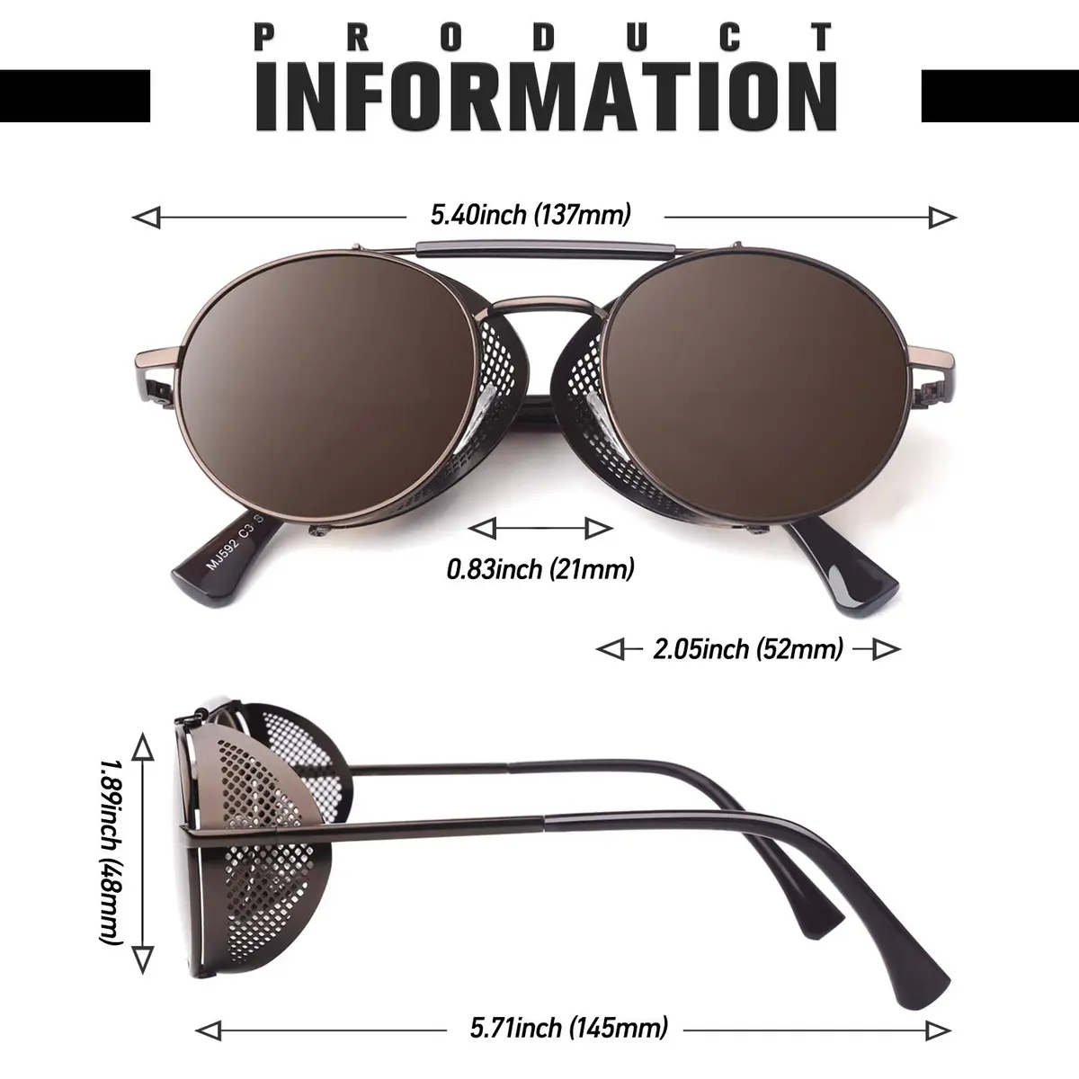 Sunier Round Polarized Steampunk Sunglasses Men Women Side Shield Goggles | UV400 Protection - view 7